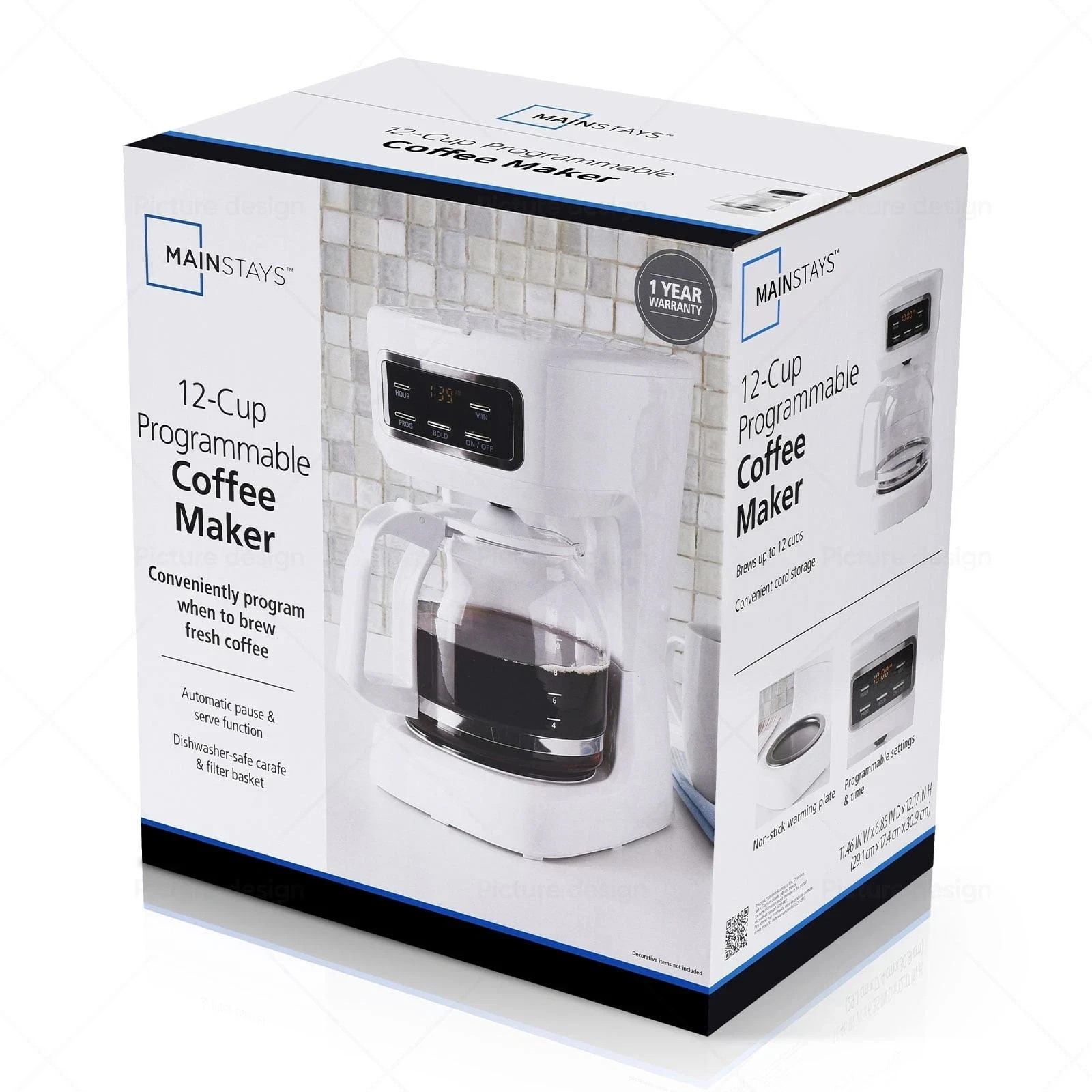 Mainstays 12-Cup Black Programmable Drip Coffee Maker , Black -New