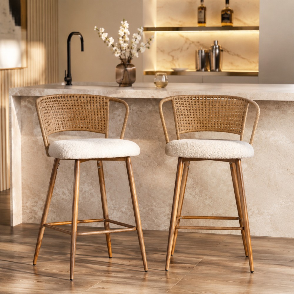 Rattan Bar Stools Set of 2 Mid Century Boho Counter Height Metal Legs