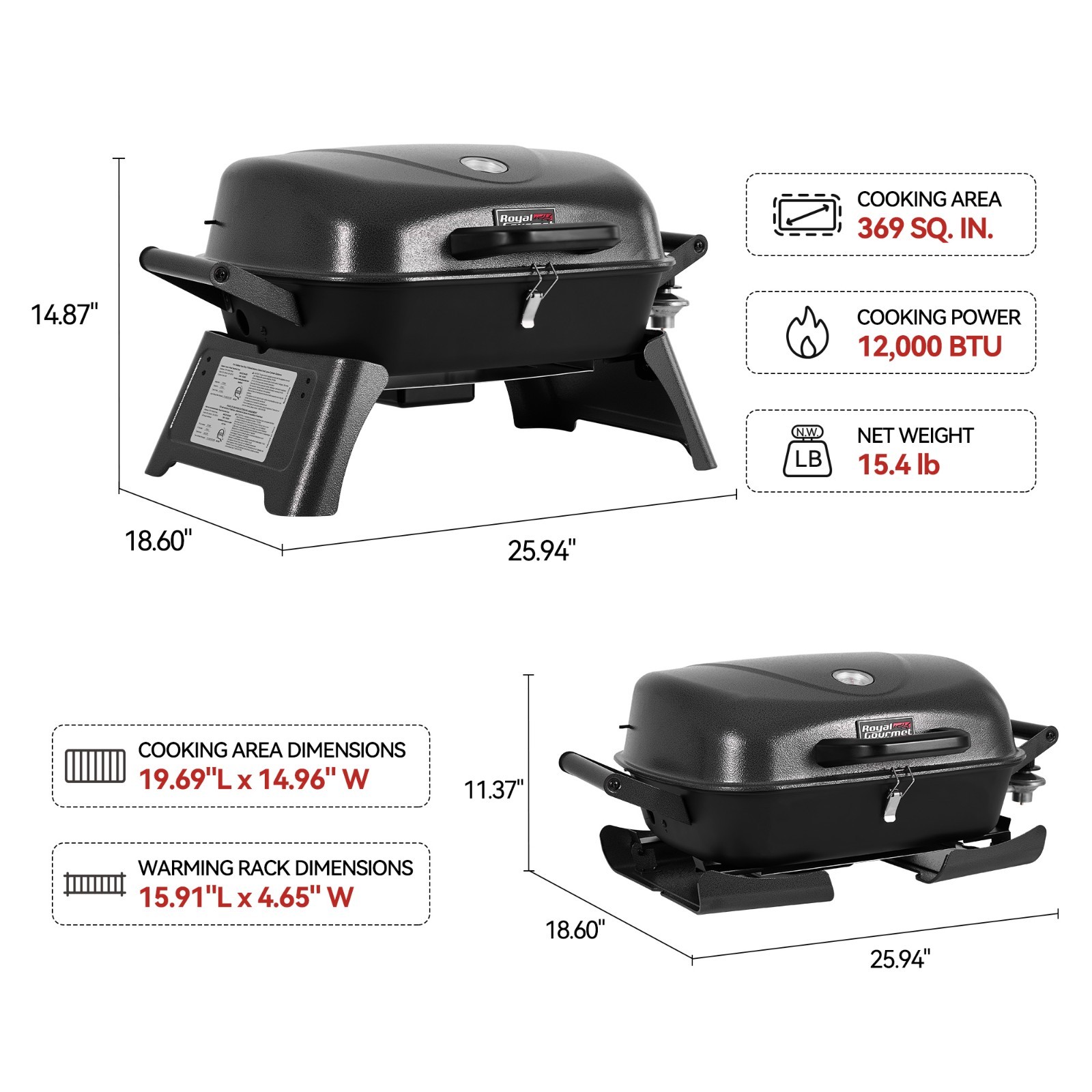 Royal Gourmet Portable Tabletop Gas Grill with Foldable Leg for Outdoor Camping