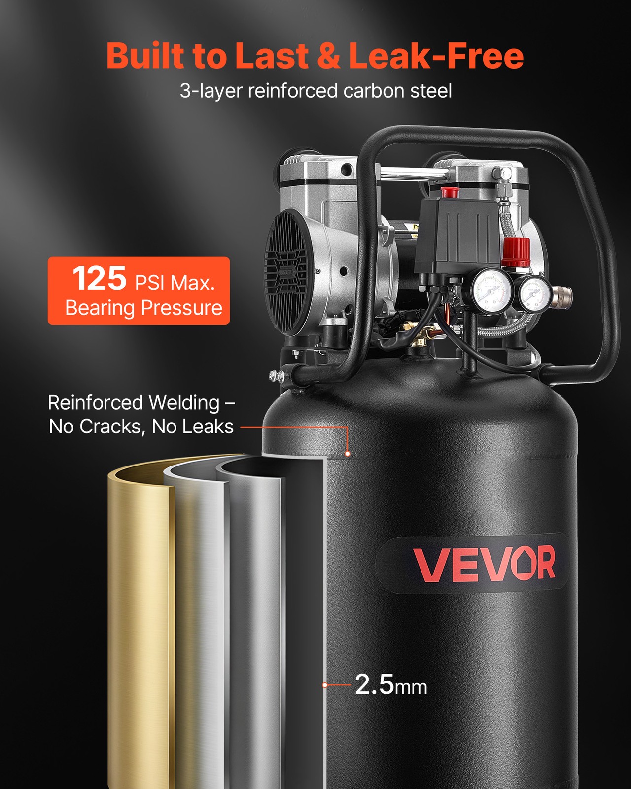 VEVOR 14-Gallon Air Compressor 2HP 4.3 SCFM at 90PSI Max 125PSI Oil-Free Tank