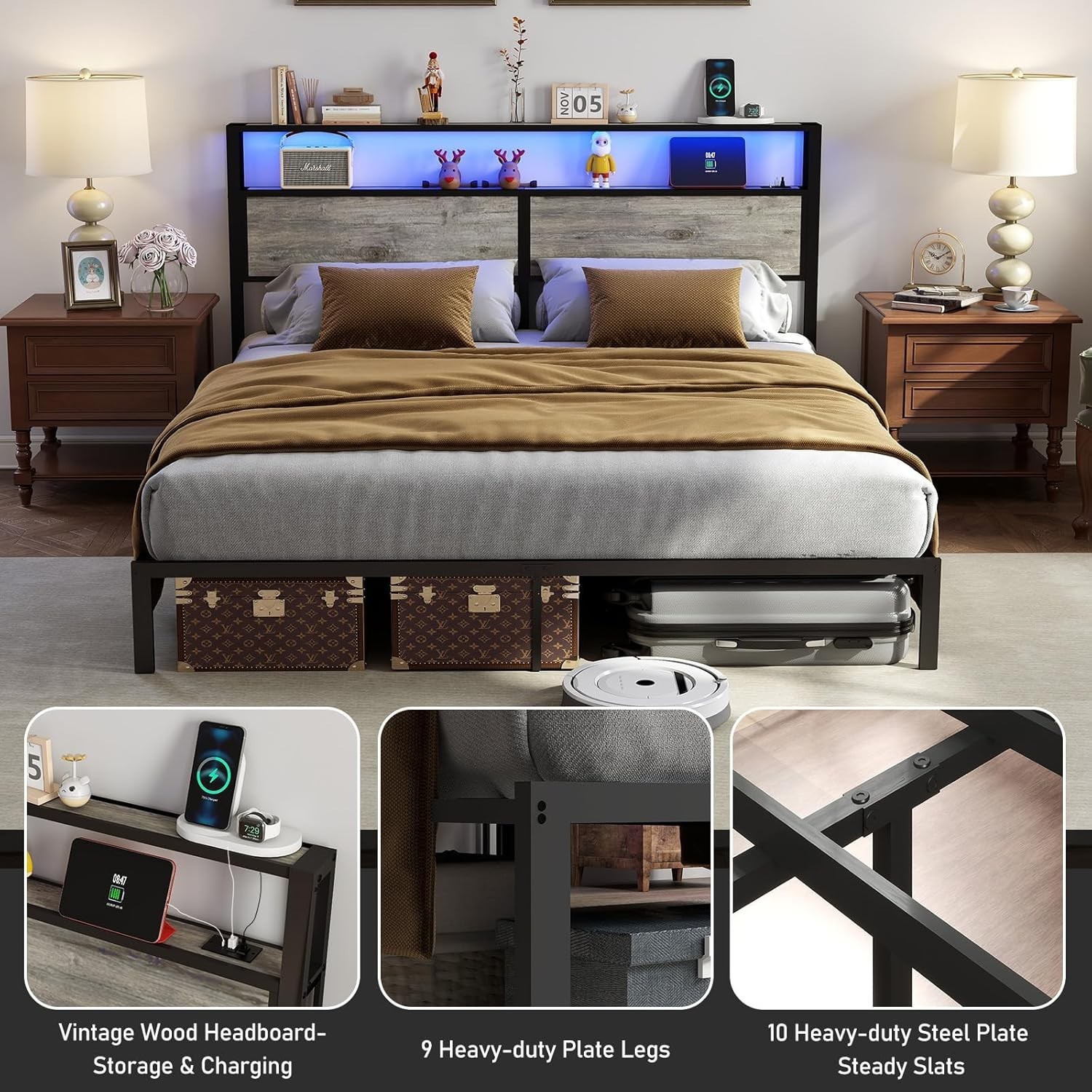 Full Queen King Bed Frame with Storage Headboard ,Charging Station & LED Lights