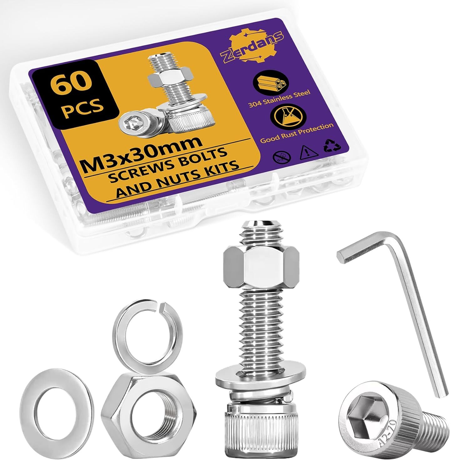 Hex Socket Head Cap Screws Bolts & Nuts Assortment Kit with Lock & Flat Washers