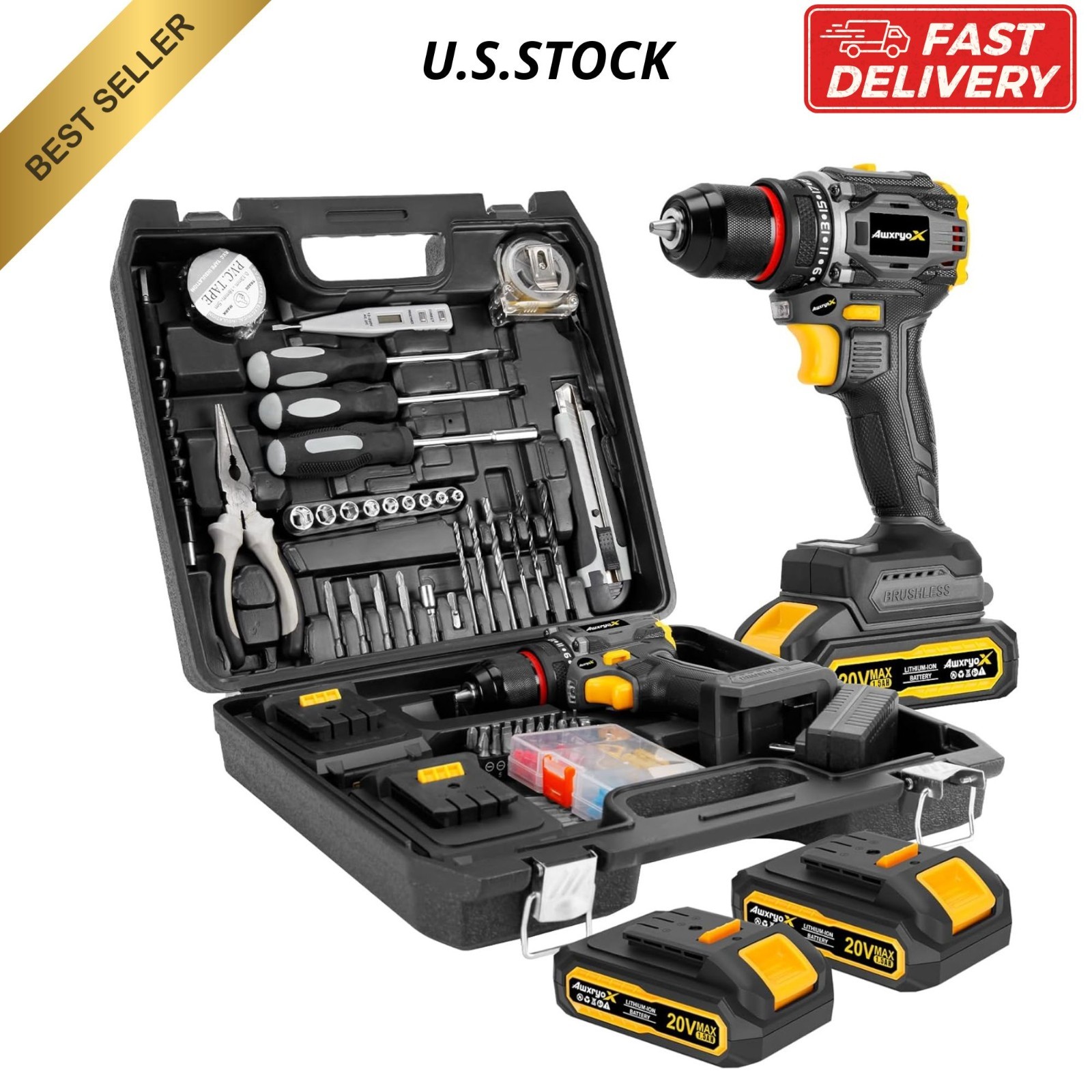 NEW Brushless Cordless Drill Set 20V 60Nm 135pcs Tool Kit 2 Battery