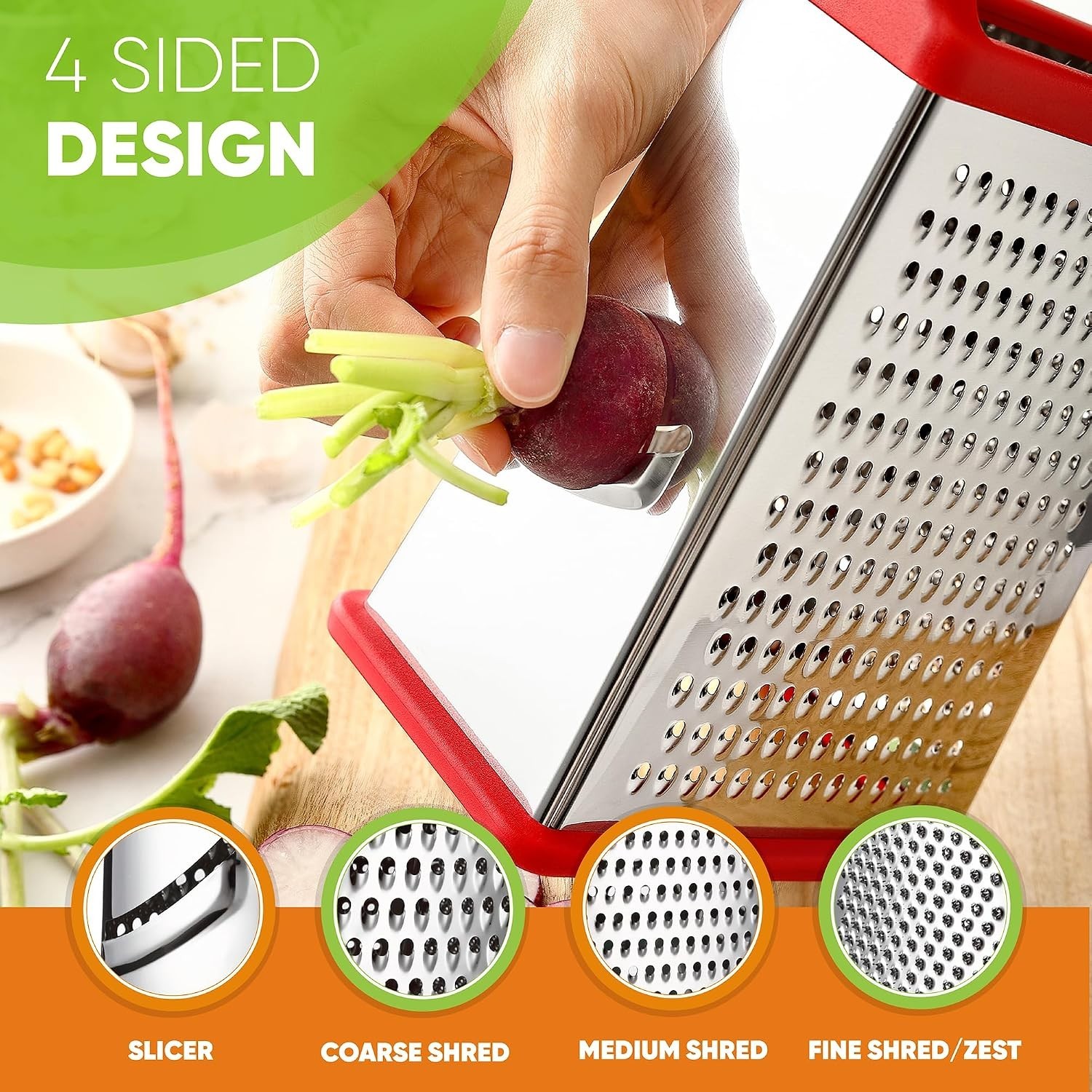 Stainless Steel XL Cheese Grater for Kitchen, Red | 4 Sided Manual Metal Box …