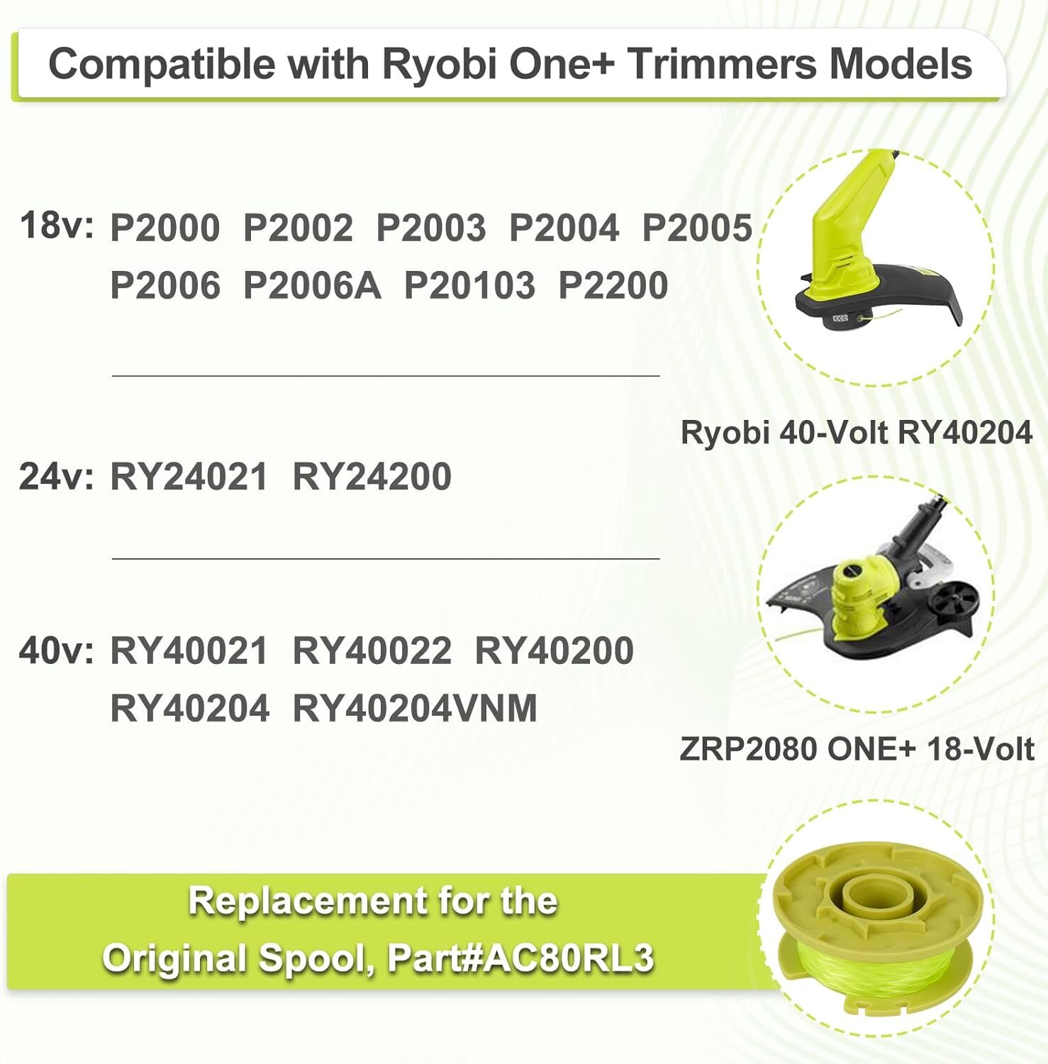6Pack For Ryobi Twisted Trimmer Line Spool For Ryobi AC80RL3 0.08″ 18V 24V 40V