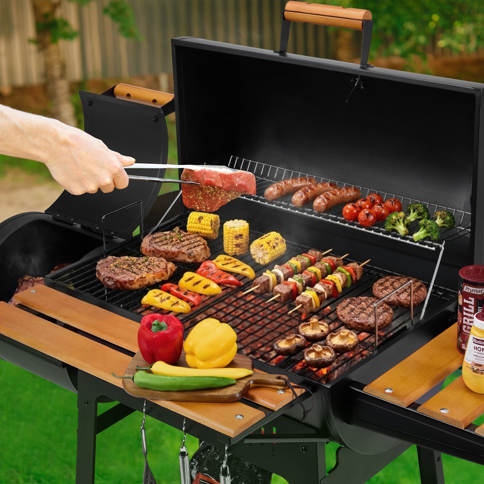 Royal Gourmet Charcoal Grill with Offset Smoker, Front & Side Shelves, Black
