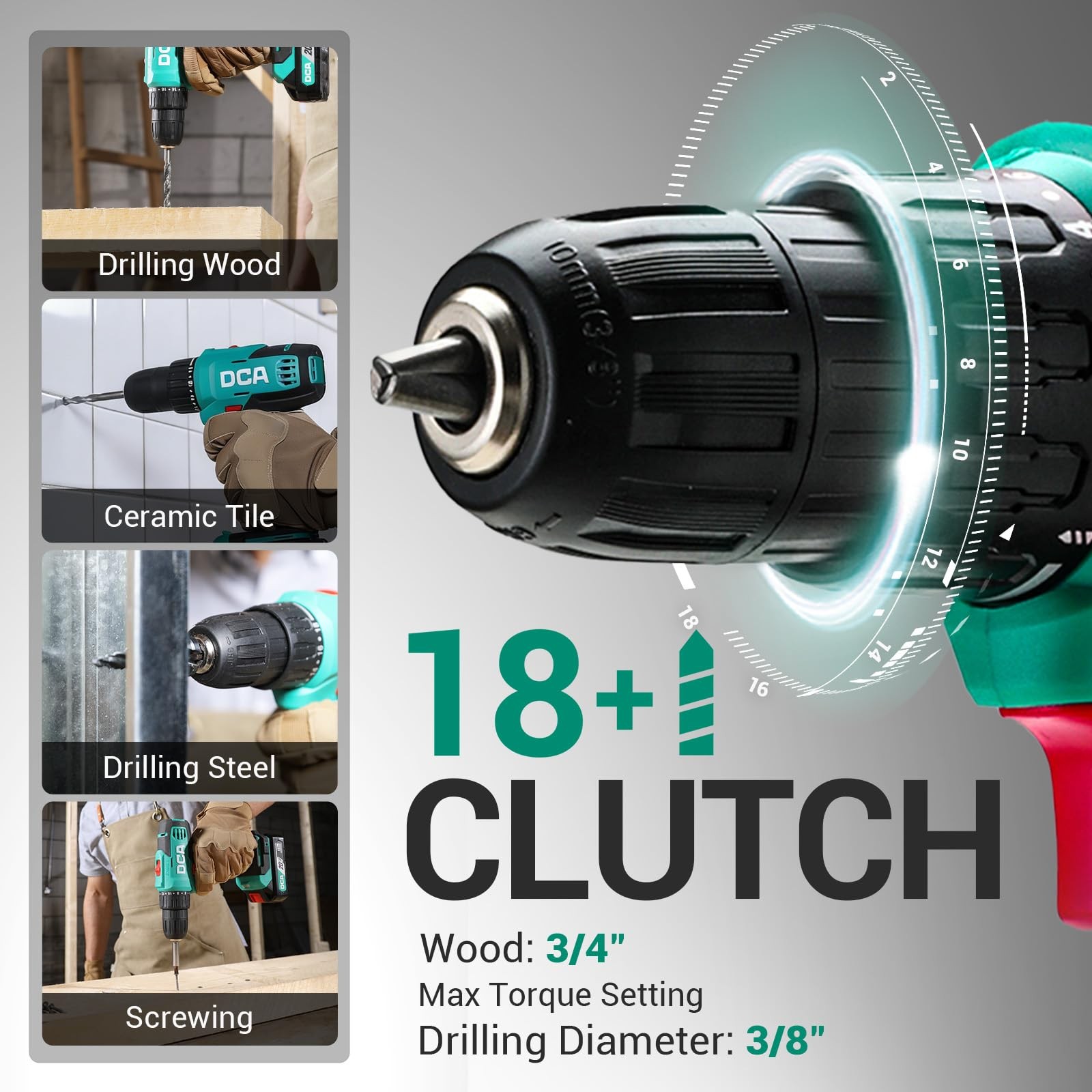 DCA Cordless Drill Set, 354 in-lbs Torque, 3/8″ Keyless Chuck, Electric Green