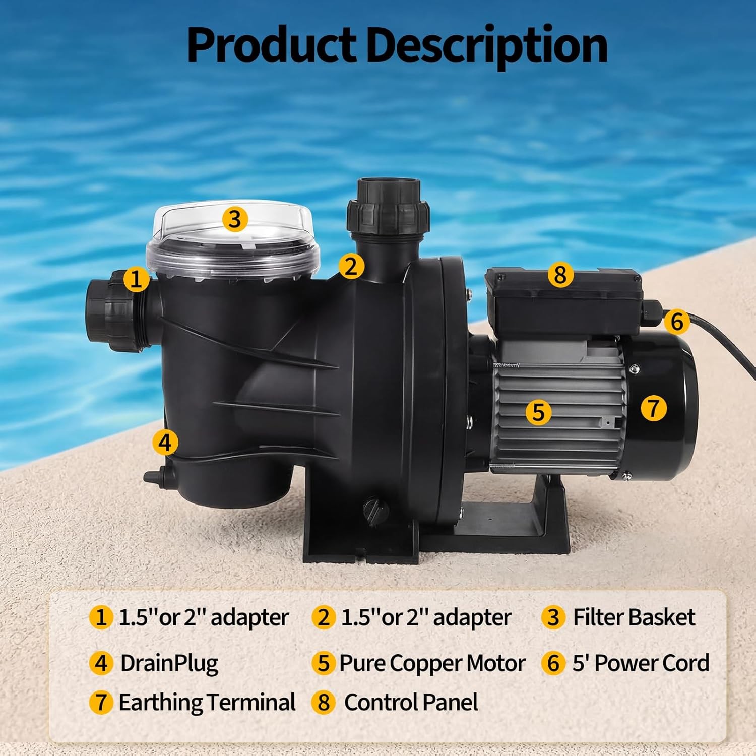 0.75/1.1/1.5 HP Swimming Pool Pump In/Above Ground With Strainer Filter Basket