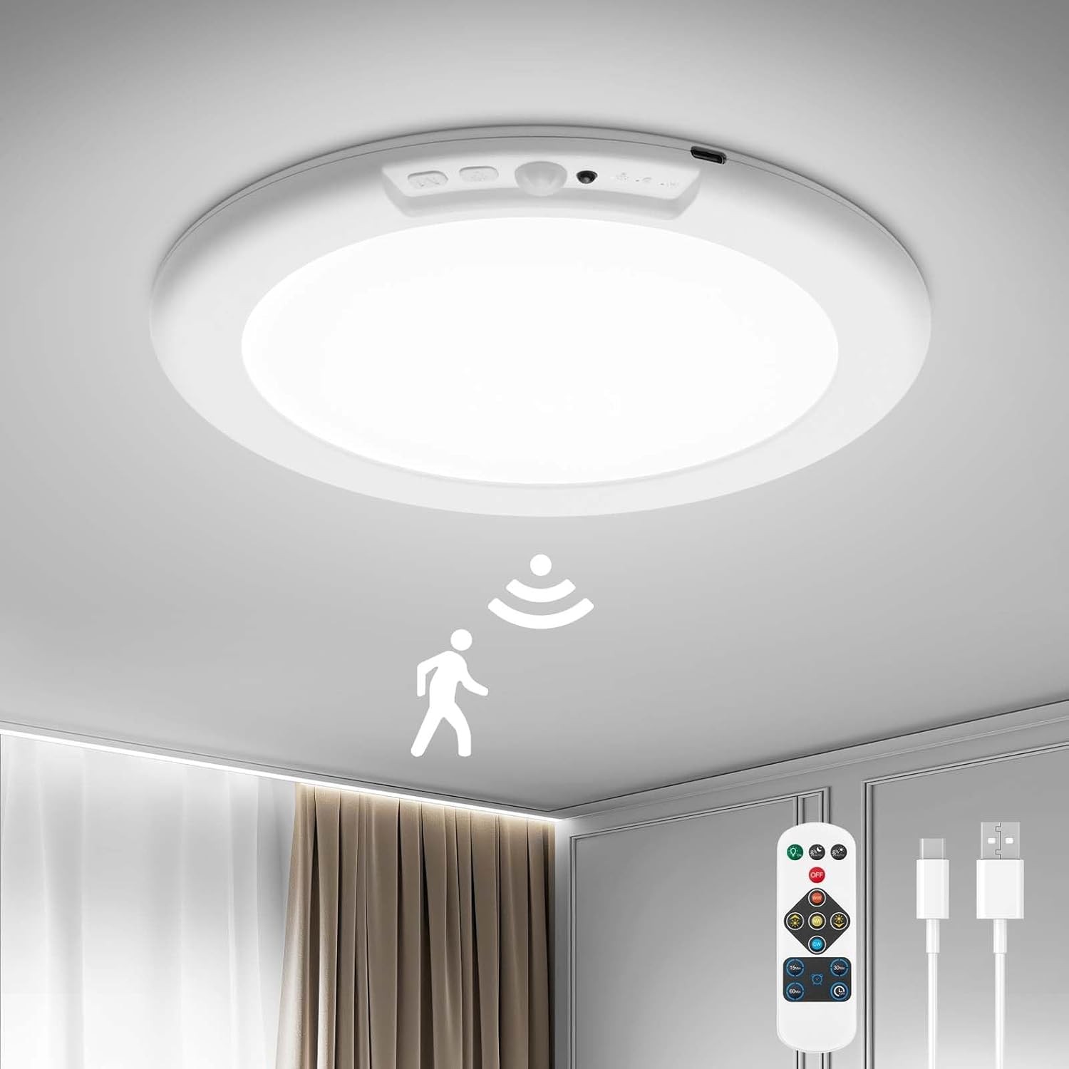 1/2/4Pack Rechargeable Motion Sensor Ceiling Light with Remote Magnetic Wireless