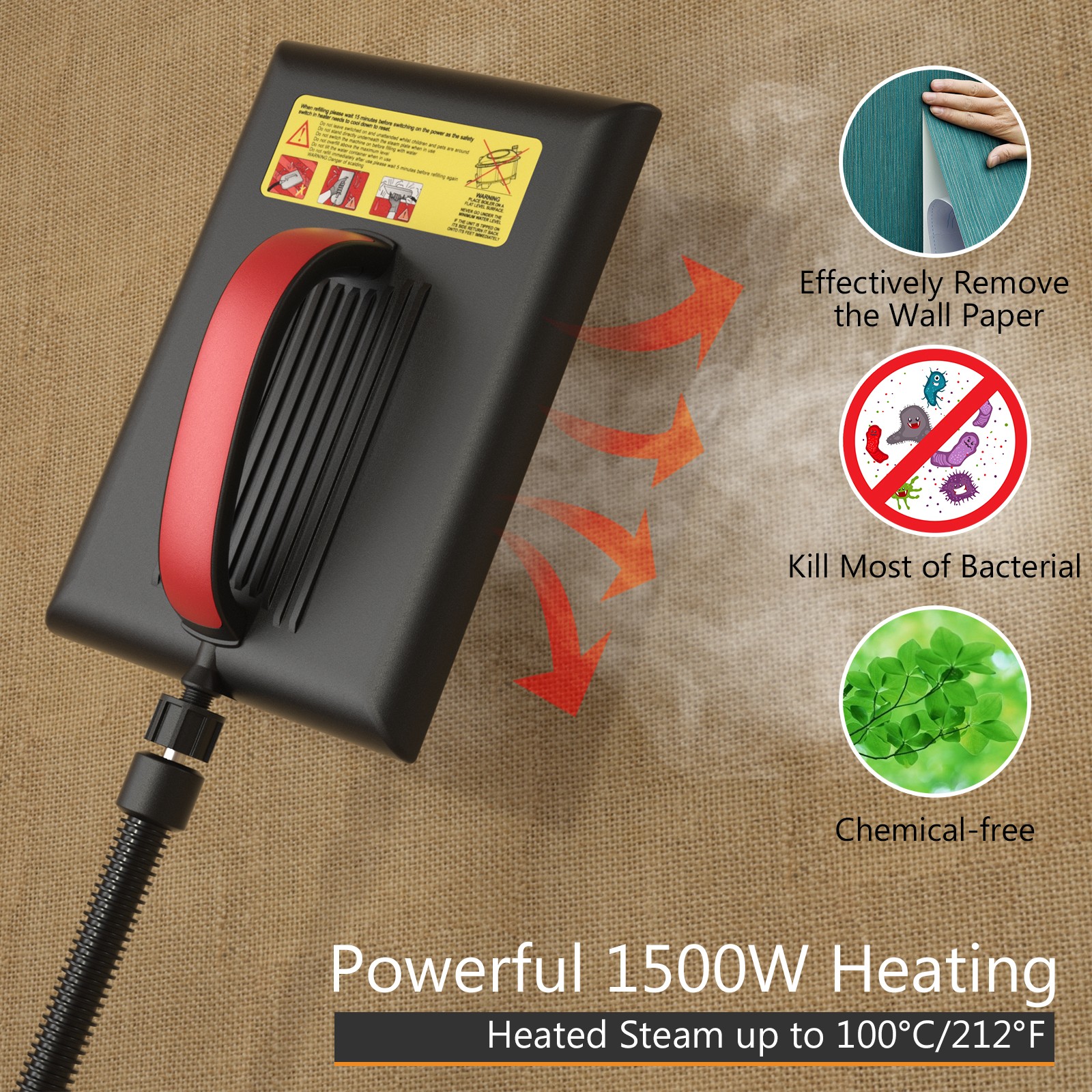 1500W Wallpaper Steamer Chemical-free Wallpaper Removal w/ 1 Gallon Reservoir