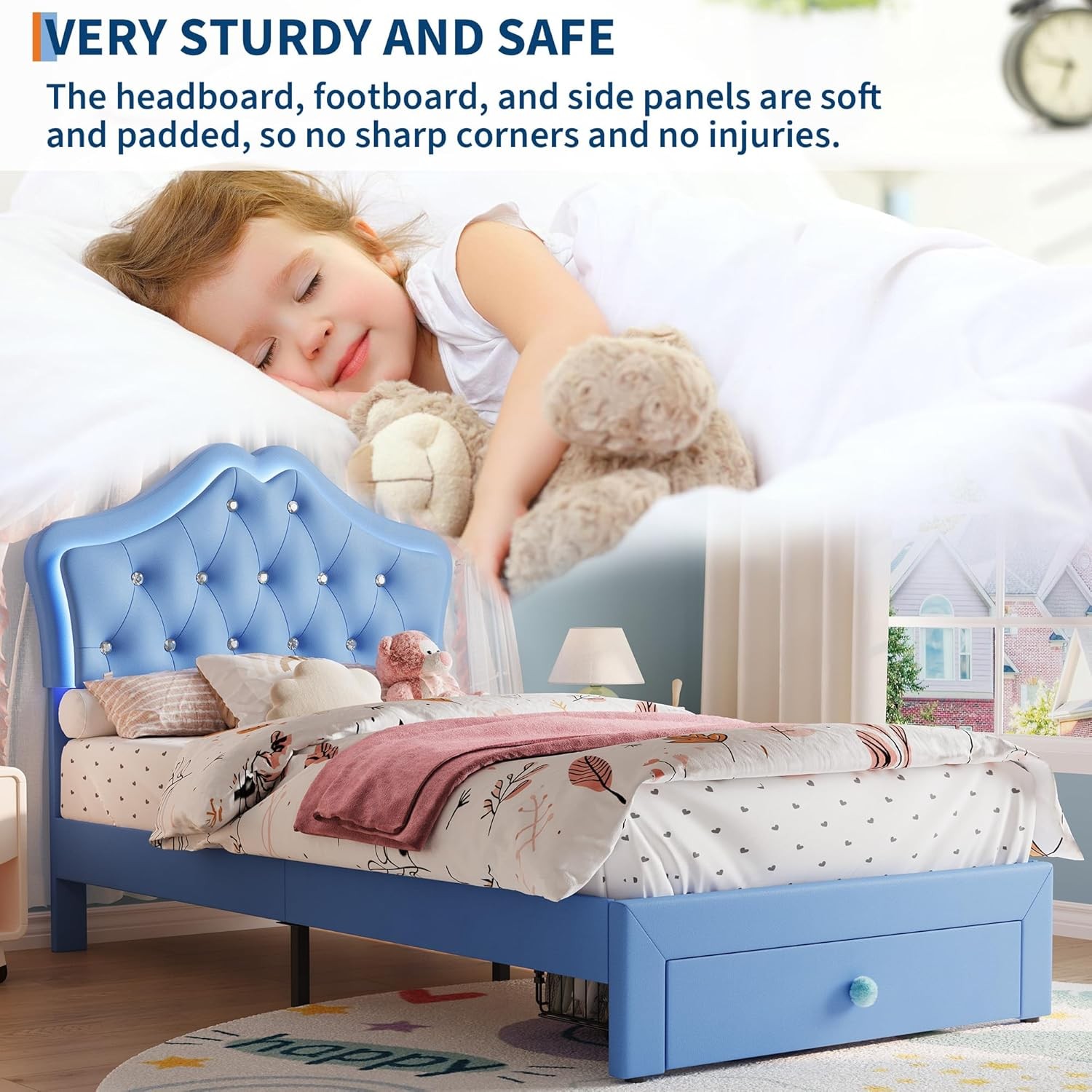 Twin Size Upholstered Bed Frame w/ Storage Drawer & LED Headboard for Kids/Girls