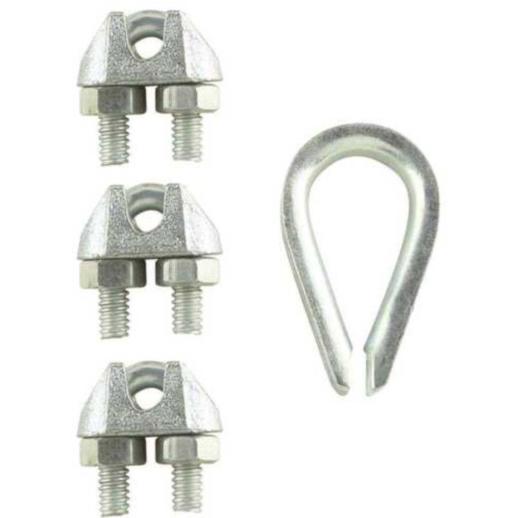4 Pack Everbilt 3/32 in. x 1/8 in. Zinc-Plated Wire Rope Clip Clamps Thimble Set