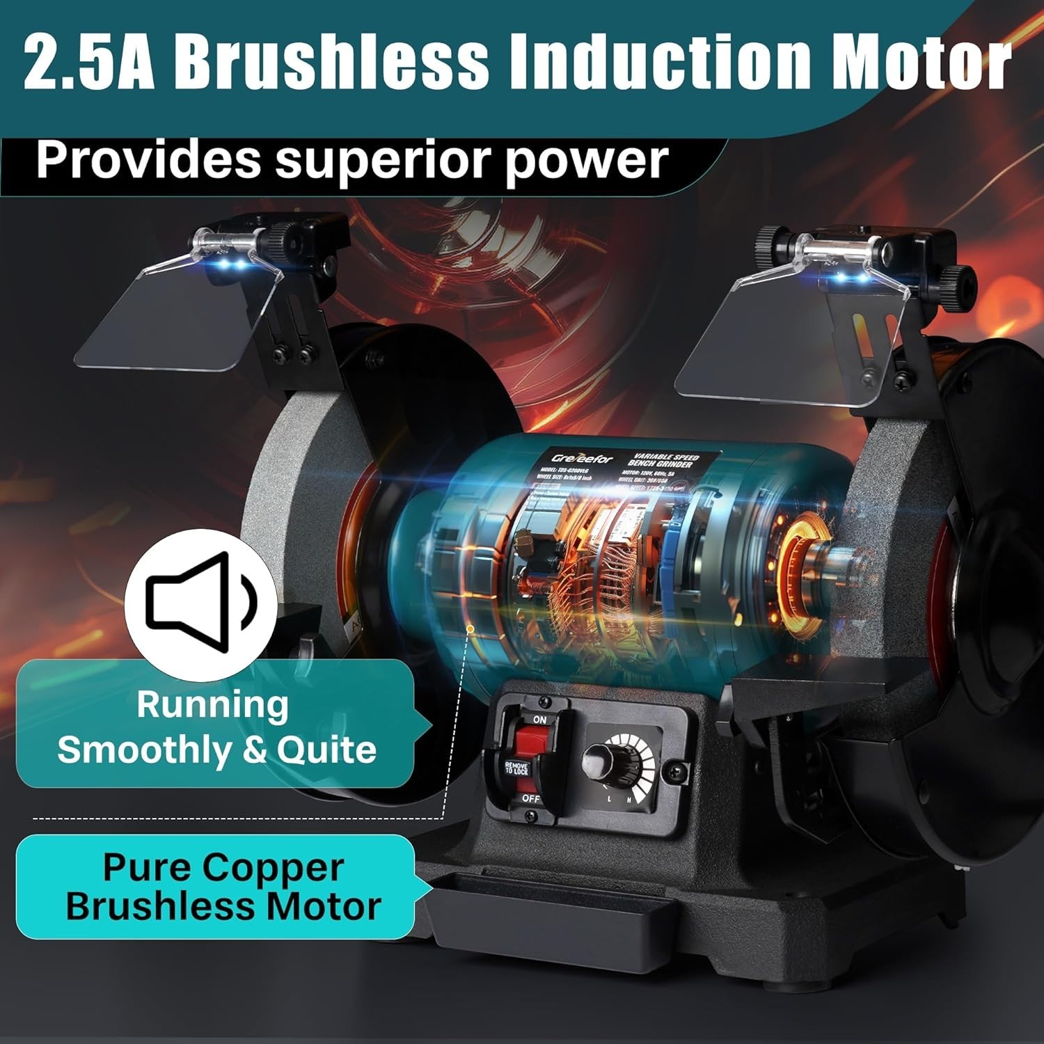 6″ Variable Speed Bench Grinder 1725–3450 RPM Brushless Motor LED Light