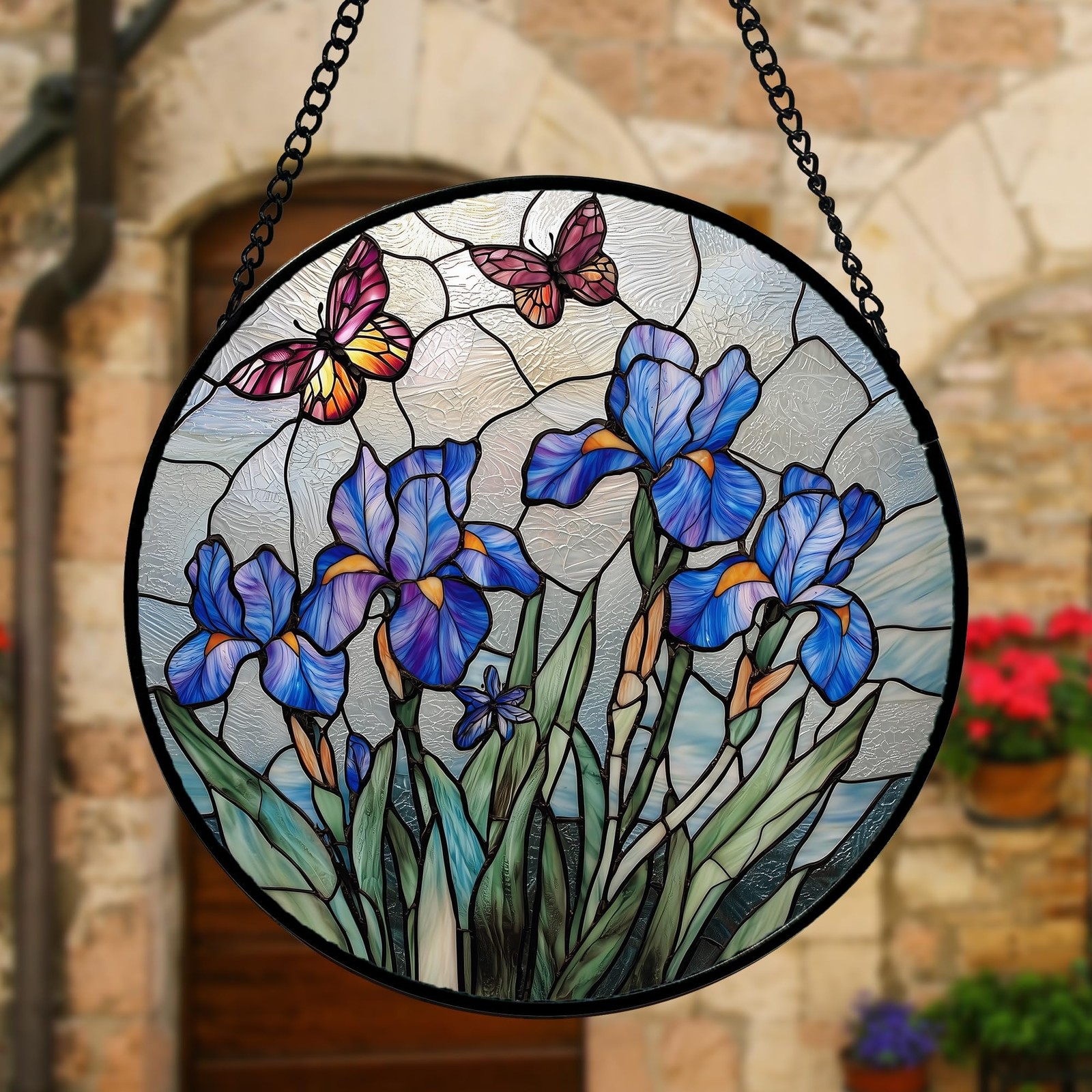 Blue Iris Butterfly Stained Glass Suncatcher Panel, 9.8 in Decorative Art