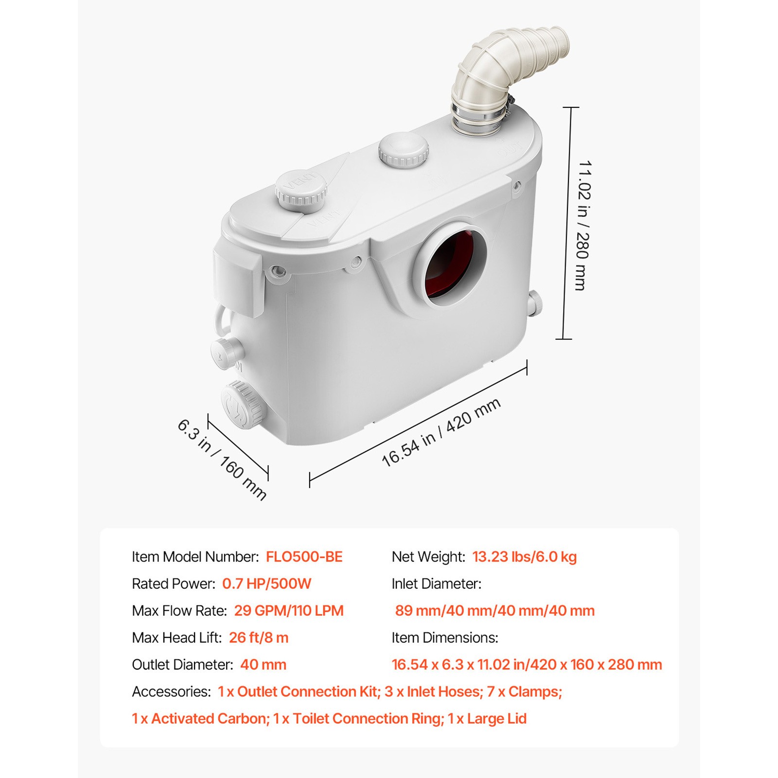 Macerator Pump 500W 29 GPM Flow 26 ft Head Lift Pump for Toilet Basement Sink