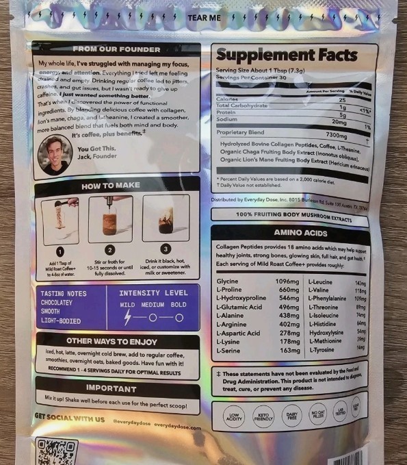 Everyday Dose Mushroom Coffee+ Collagen Protein Nootropic Focus Mood Mild Roast