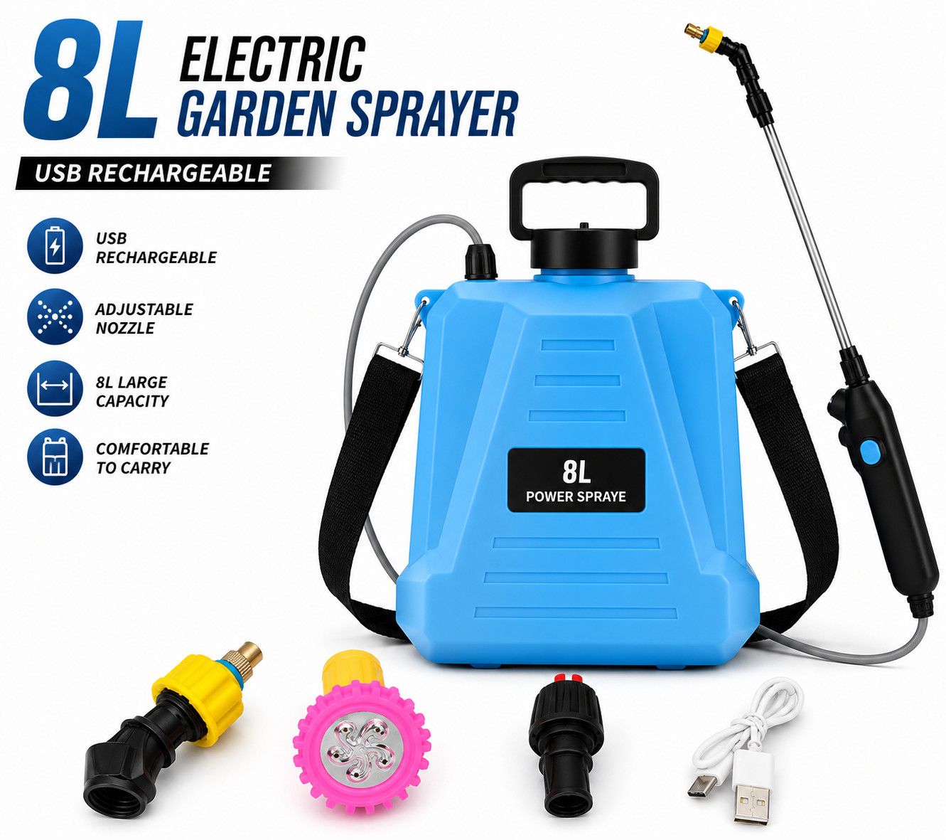 8L Electric Garden Sprayer USB Rechargeable Backpack Water Spray Pump Adjustable
