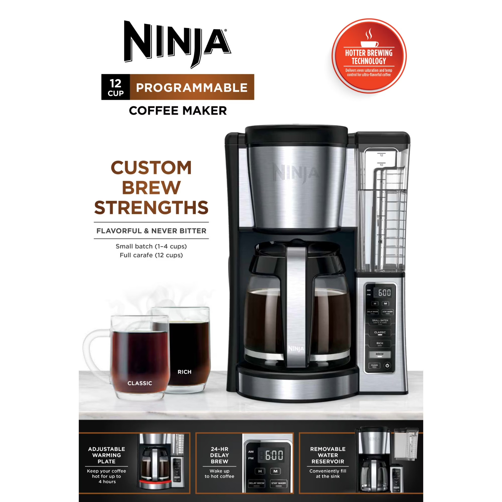 NEW Ninja 12-Cup Programmable Drip Coffee Maker, 2 Brew Styles, Adjustable CE250
