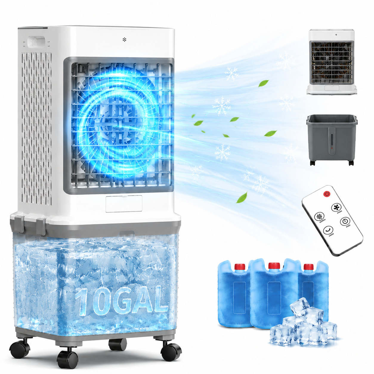 Evaporative Air Cooler 2800CFM Swamp Cooler Fan with 10Gal Detachable Water Tank