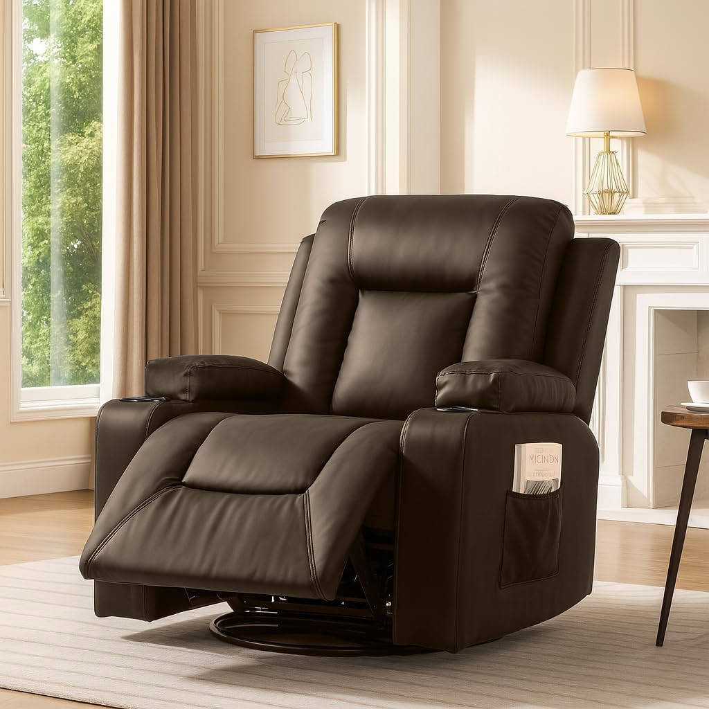 Brown Swivel Recliner Chair with Cup Holders & Side Pockets for Living Room