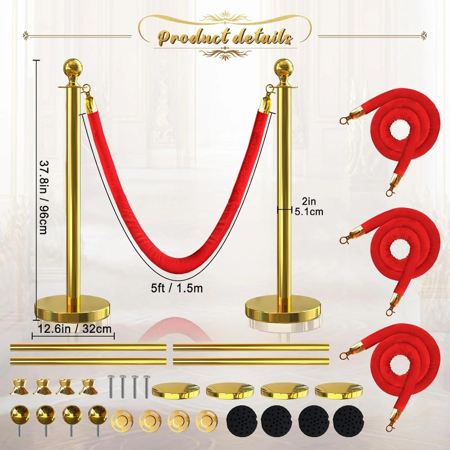 4 Pcs Gold Stanchions with Velvet Ropes with 3 Pcs 5 Ft Red Velvet Ropes Carpet
