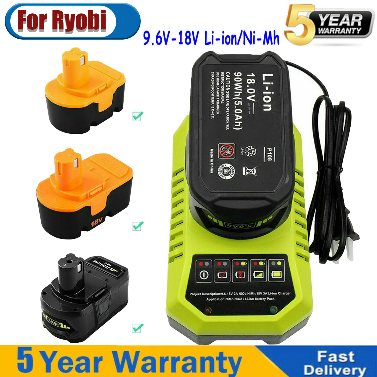 For Ryobi 14.4V 3.6Ah Ni-Mh Battery 130224010 1400671 130224011 or P117 Charger