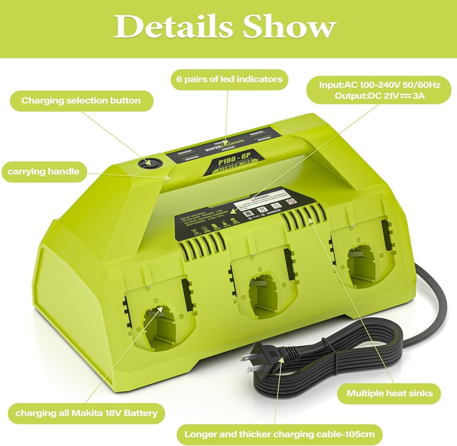 6-Port Fast Charger for Ryobi P135/P117 18V Li-Ion Battery w/ 6 LED Indicators