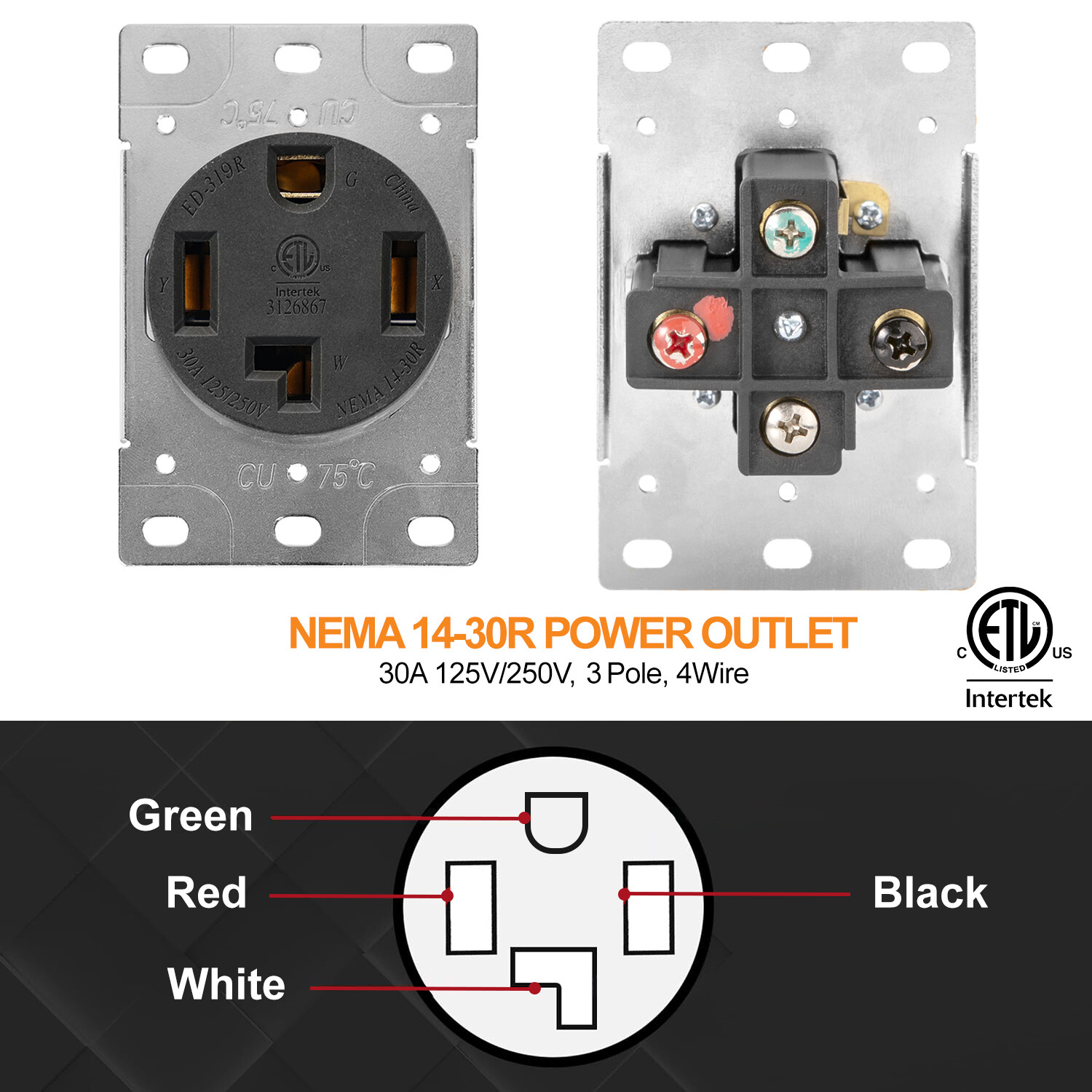 30 Amp Dryer Receptacle, Outlet for Electric Dryers, 125/250V Power Outlet