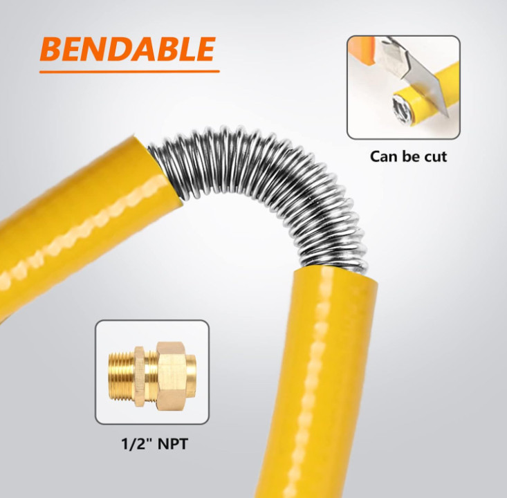 Manguera gas 33ft 1/2” acero inoxidable flexible CSST con adaptadores, Nuevo
