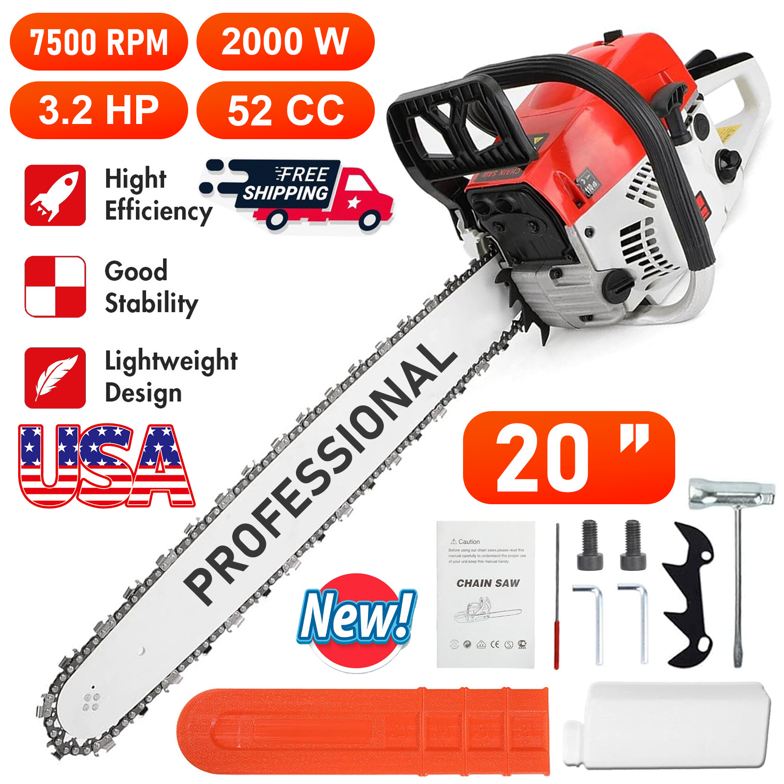 2-Stroke Gasoline Chainsaw 52 CC 20″ Bar Power Engine Wood Cutting Gas Chain Saw