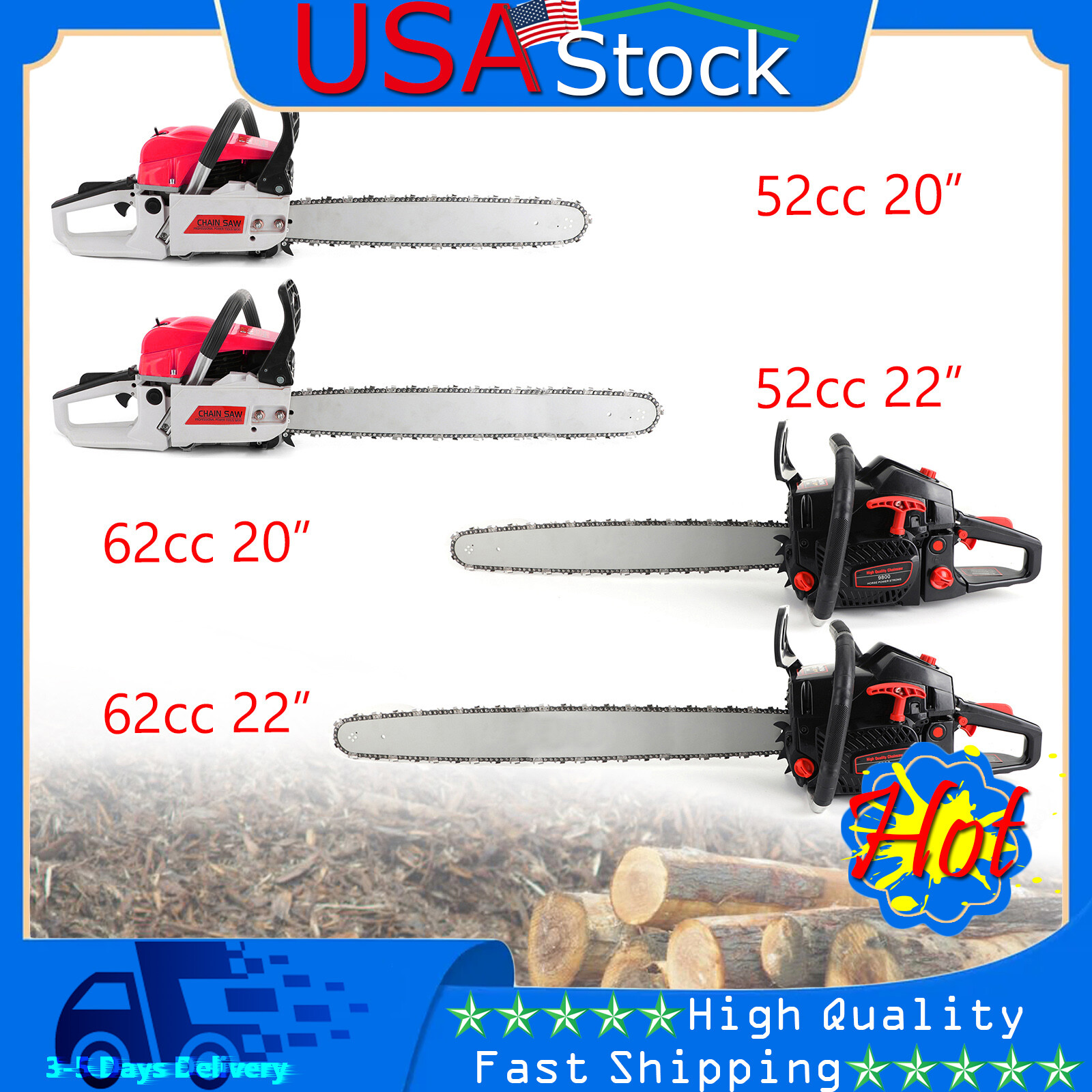 62cc Gas Chainsaw 20″ Bar Gasoline Powered Chain Saw 2 Cycle Engine Cutting USA