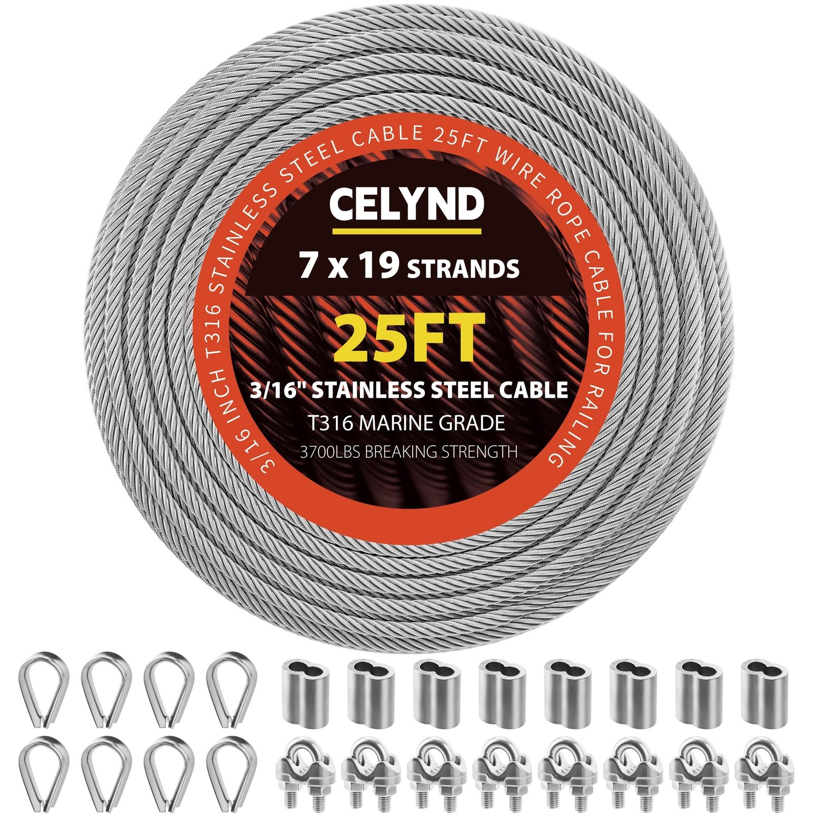 Stainless Steel Cable for Railing – 25FT 3/16″ T316 Wire Rope | 7 x 19 Strand…