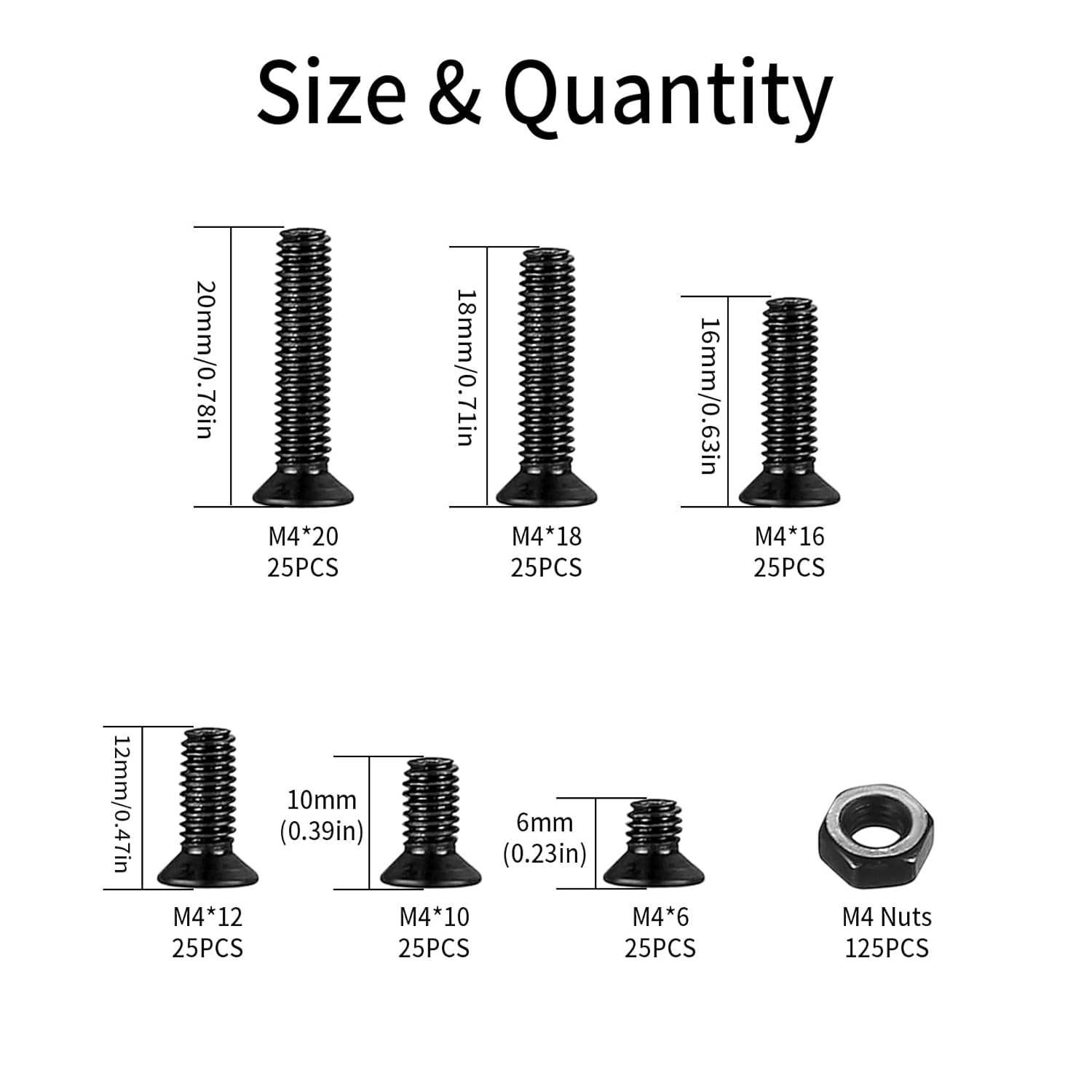 M4 Flat Head Machine Screws and Nuts Kit, 275 Pcs Black One Size,