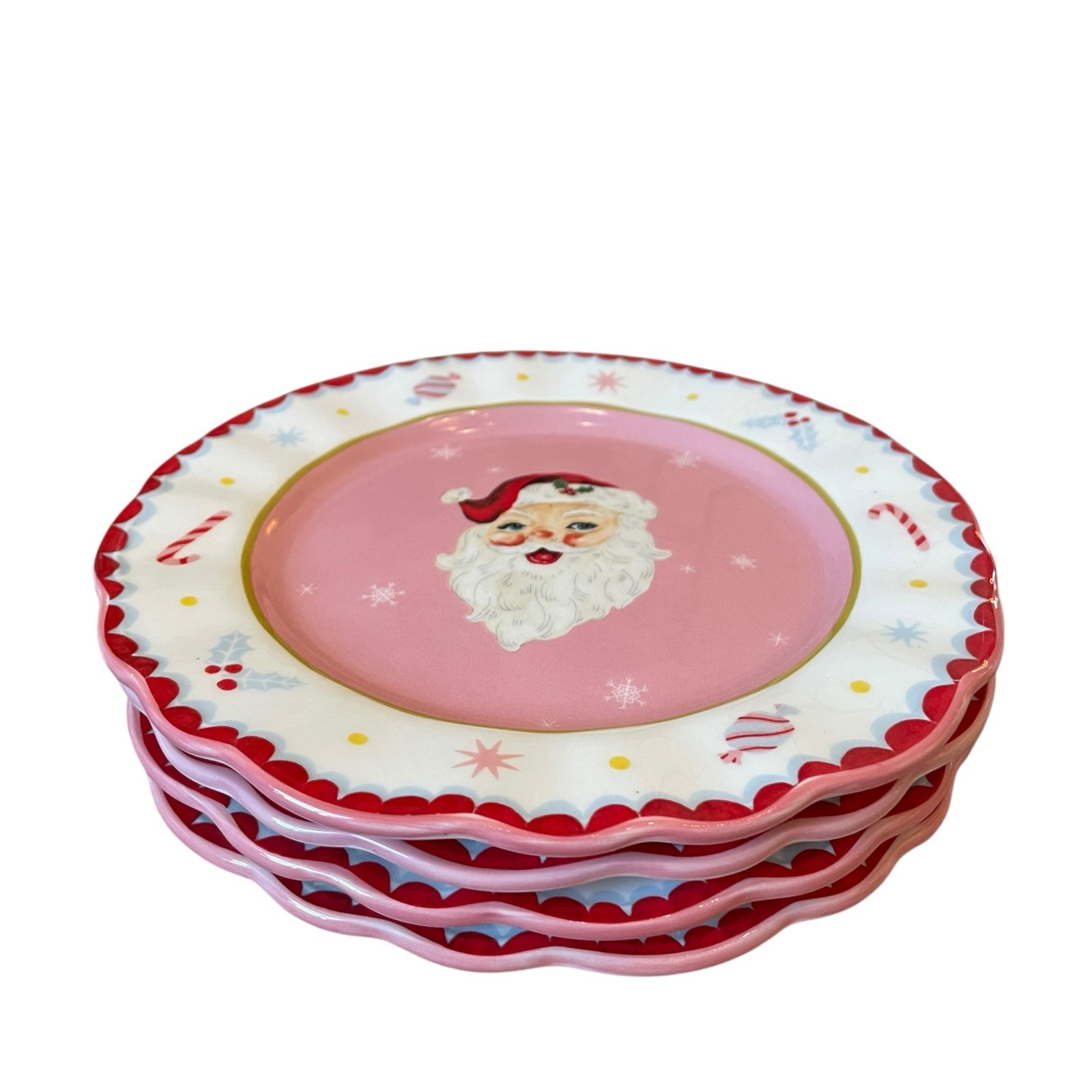Potter’s Studio PINK SANTA Salad Plates 8.5in Ceramic Set of 4 Christmas New