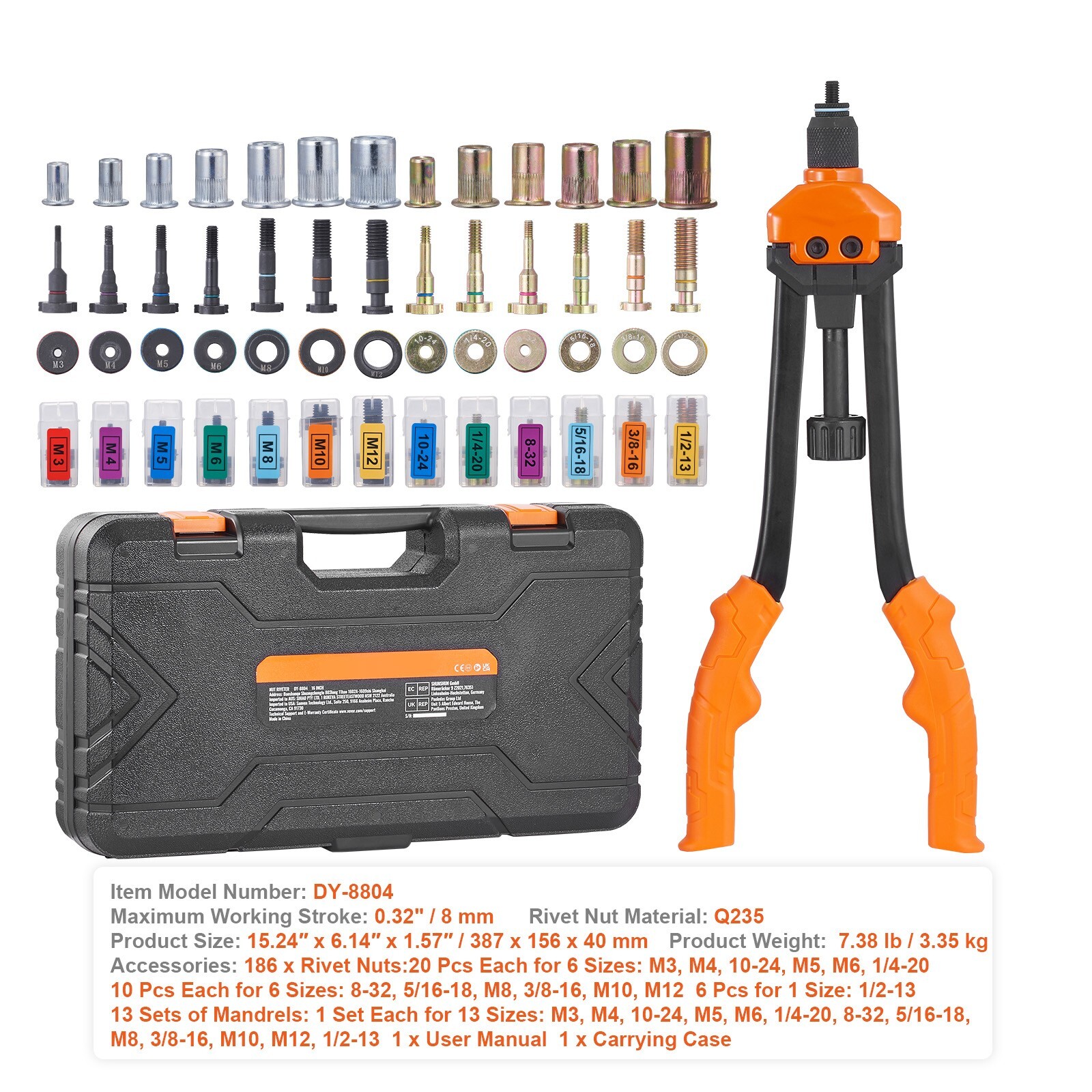 Rivet Nut Tool 16in Rivnut Tool Kit 13 PCS Mandrels and 186 PCS Rivet Nuts