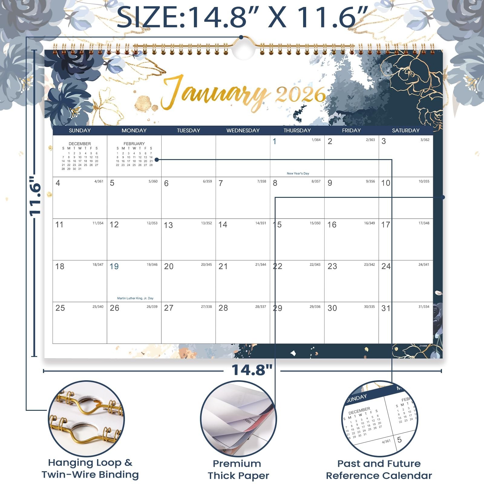 2026 Wall Calendar – 12 Months Calendar from Jan. 2026 – Dec. 2026, 14.8″ x 1…