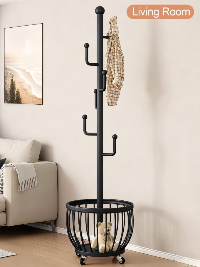 Freestanding Tree Coat Rack with Basket Metal Entryway Hat Bag Stand