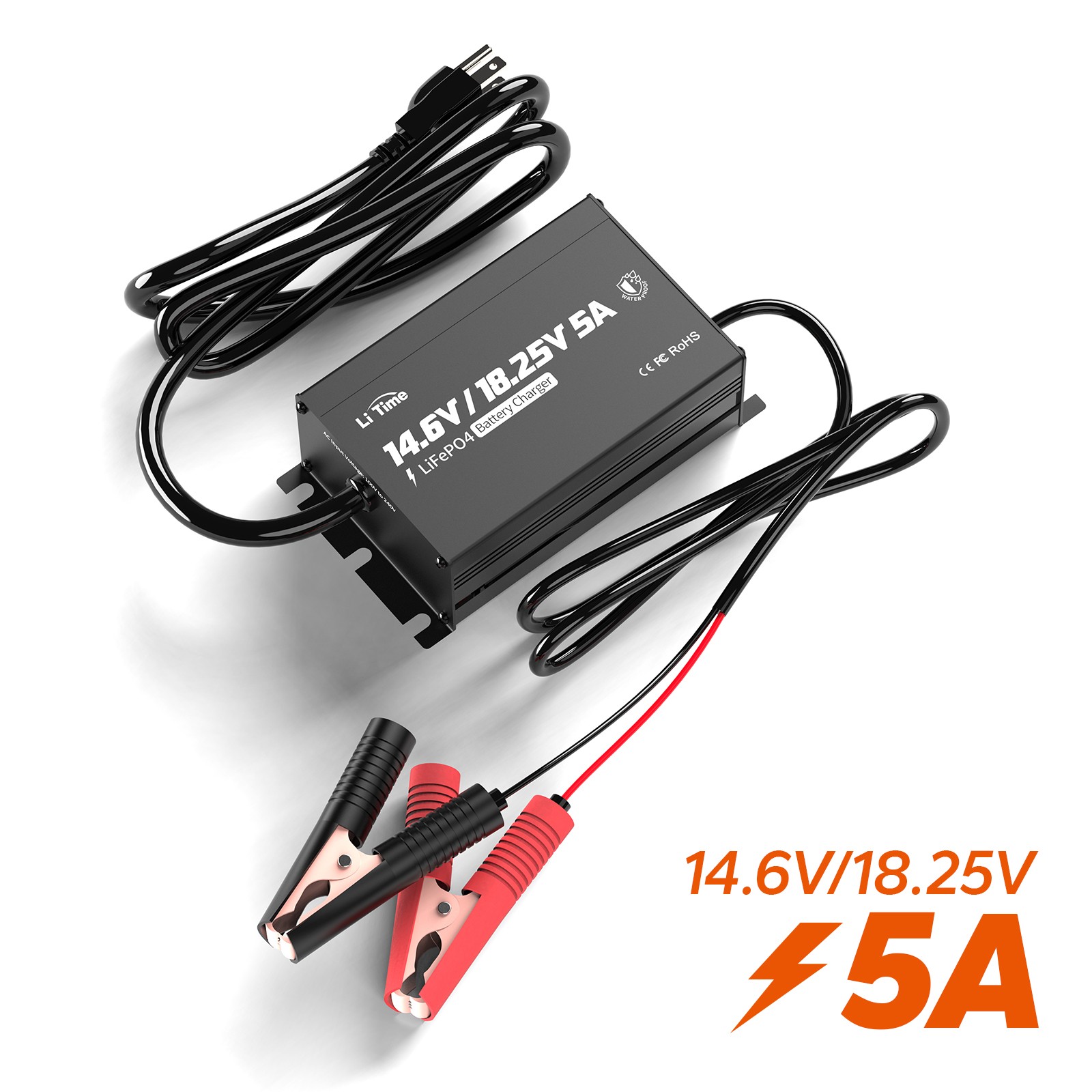 LiTime 14.6V+18.25V 5A Dual Voltage Lithium Charger for 12V 16V LiFePO4 Battery