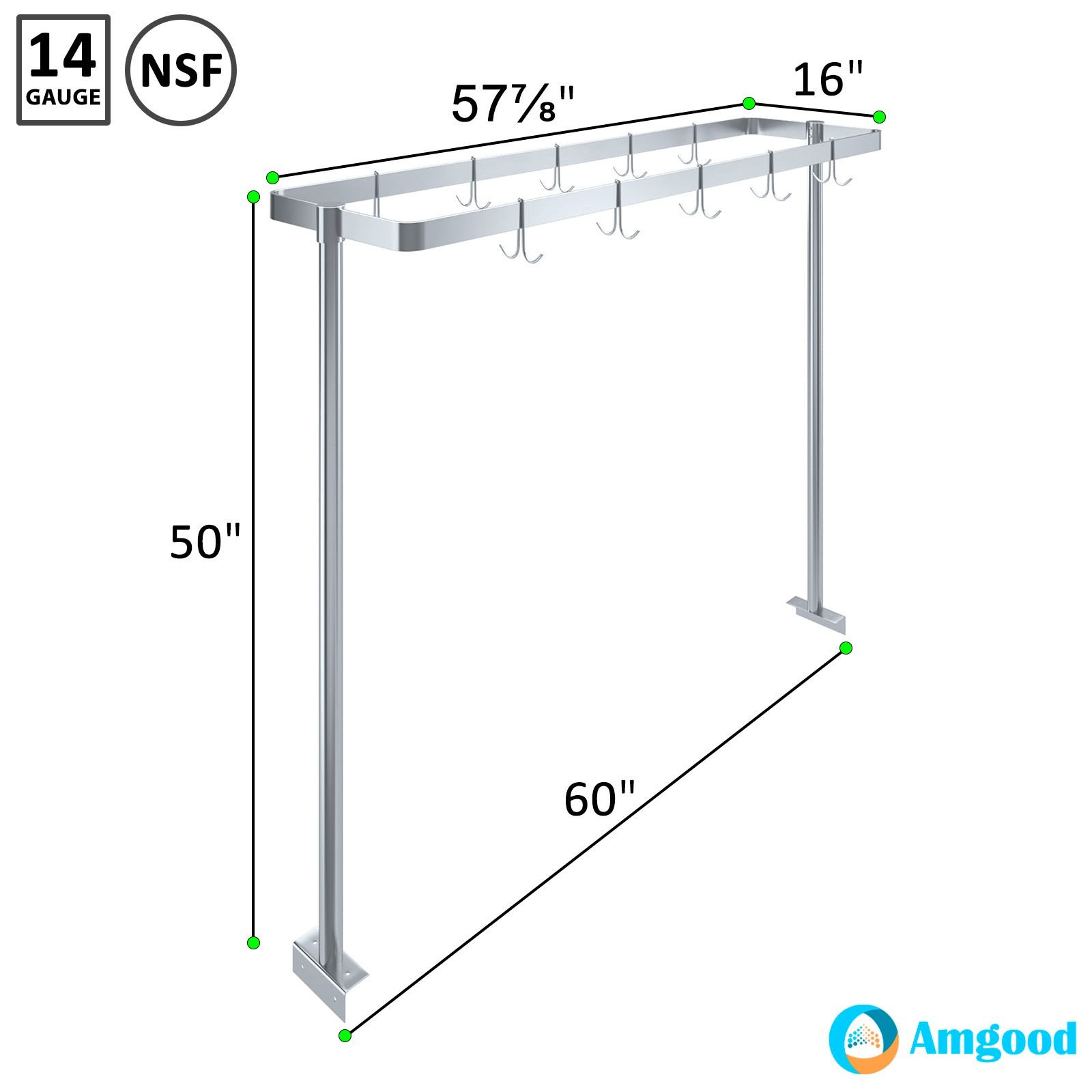 AmGood 60 in. Stainless Steel Table-Mounted Pot Rack