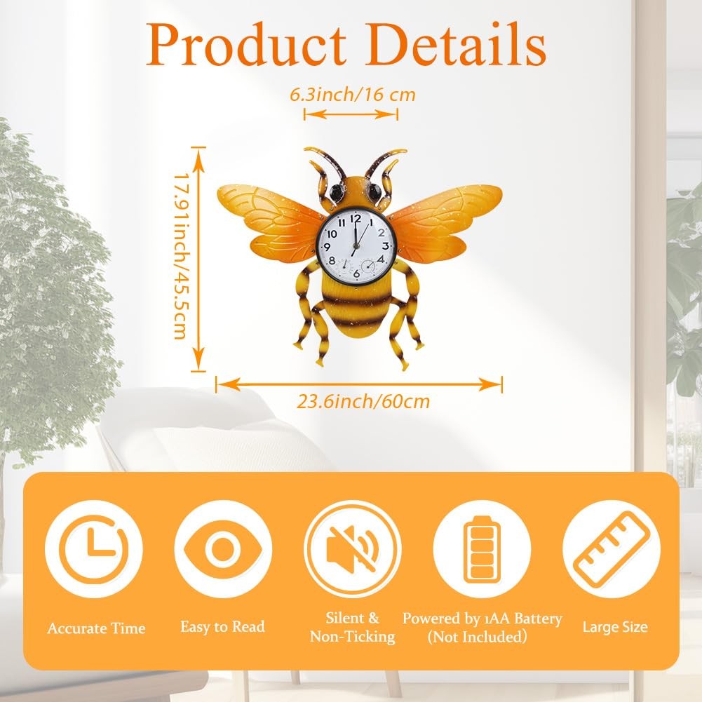 HOBYLUBY Unique Outdoor Clock Silent None-Ticking, Wall Yellow Bee