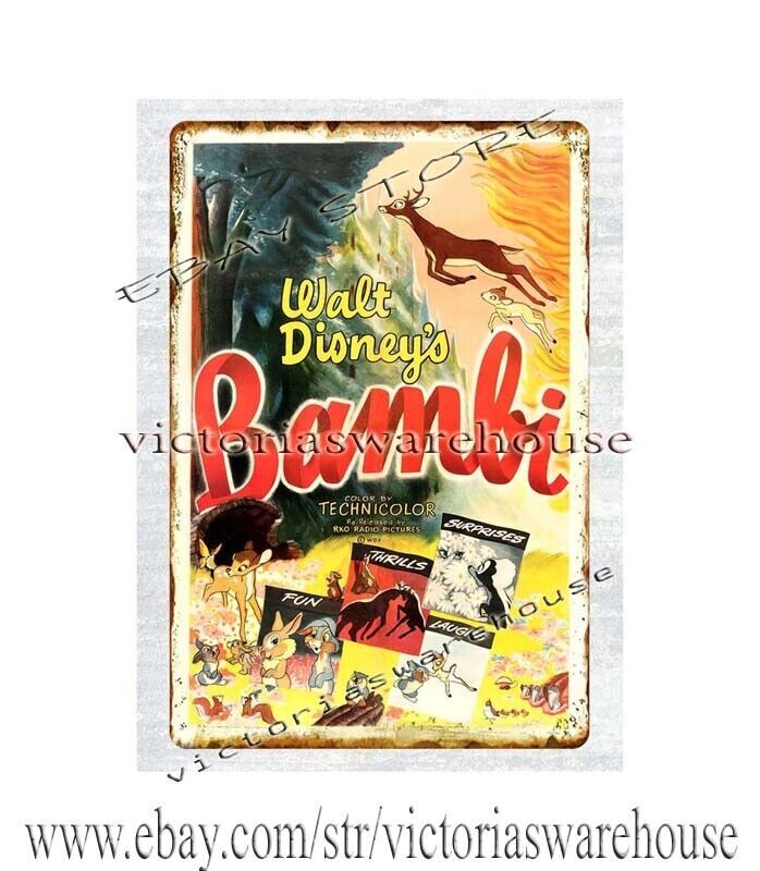 dining room auto garage decor ideas 1942 BAMBI MOVIE POSTER metal tin sign