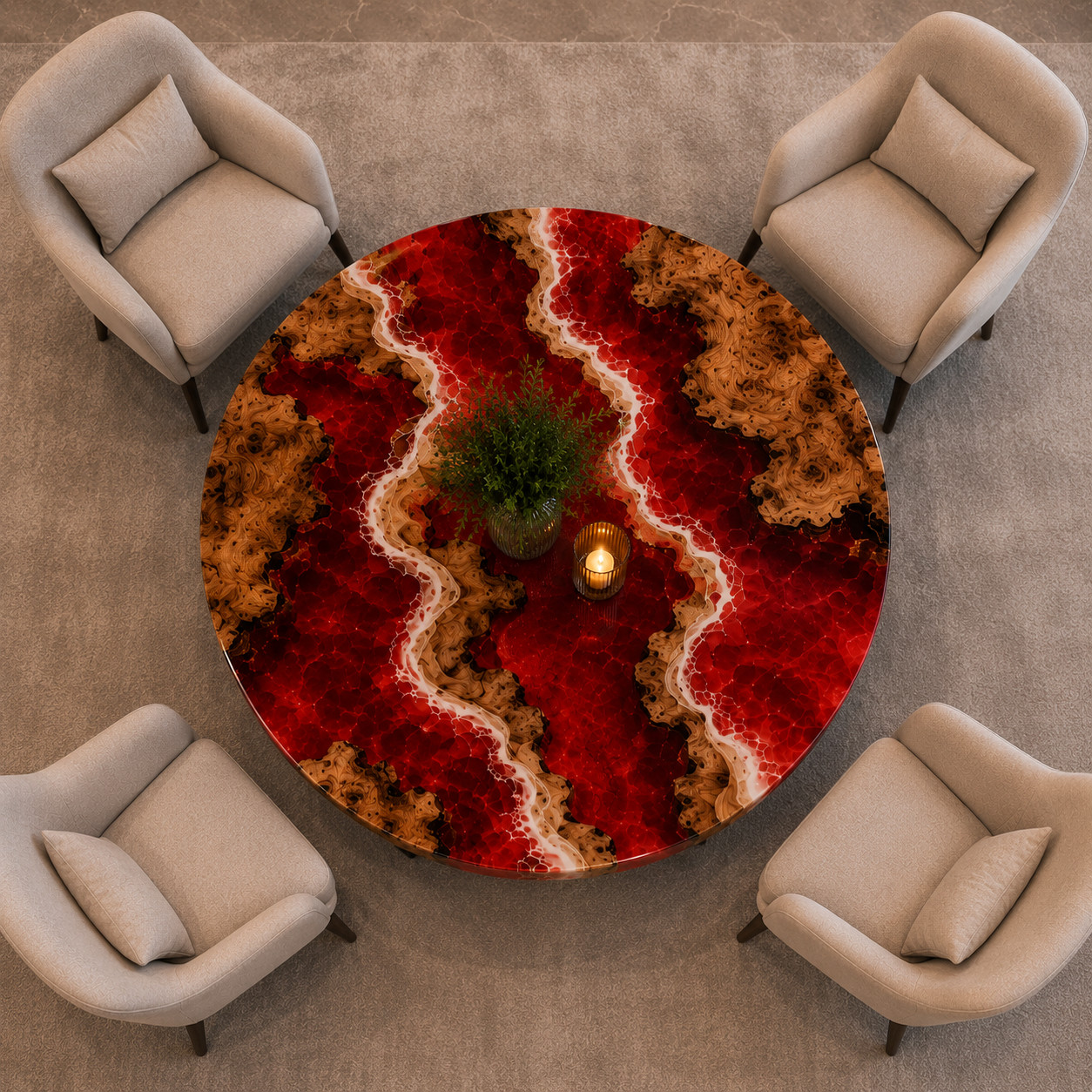 Red Epoxy Resin Round Table Handmade Solid River Wood Custom Hallway Furniture