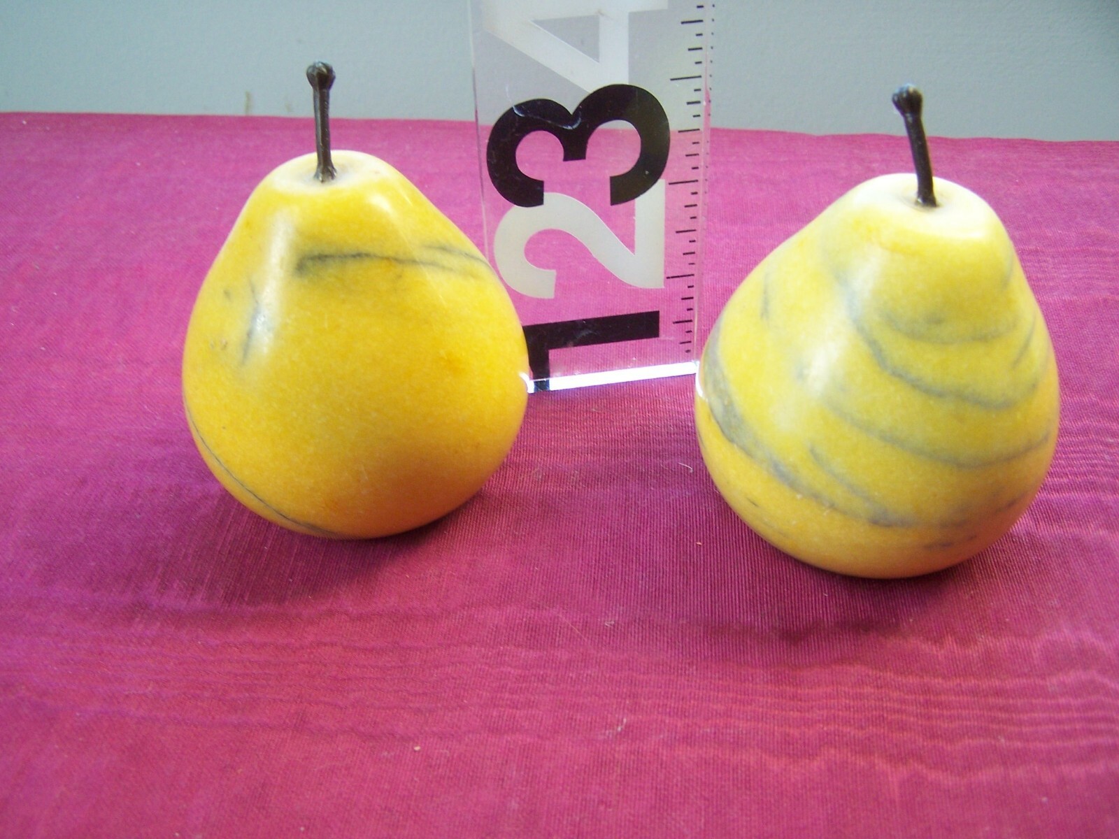 2 alabaster(?) marble stone pears, heavy, 1.4 pounds each, 3″ tall, EUC