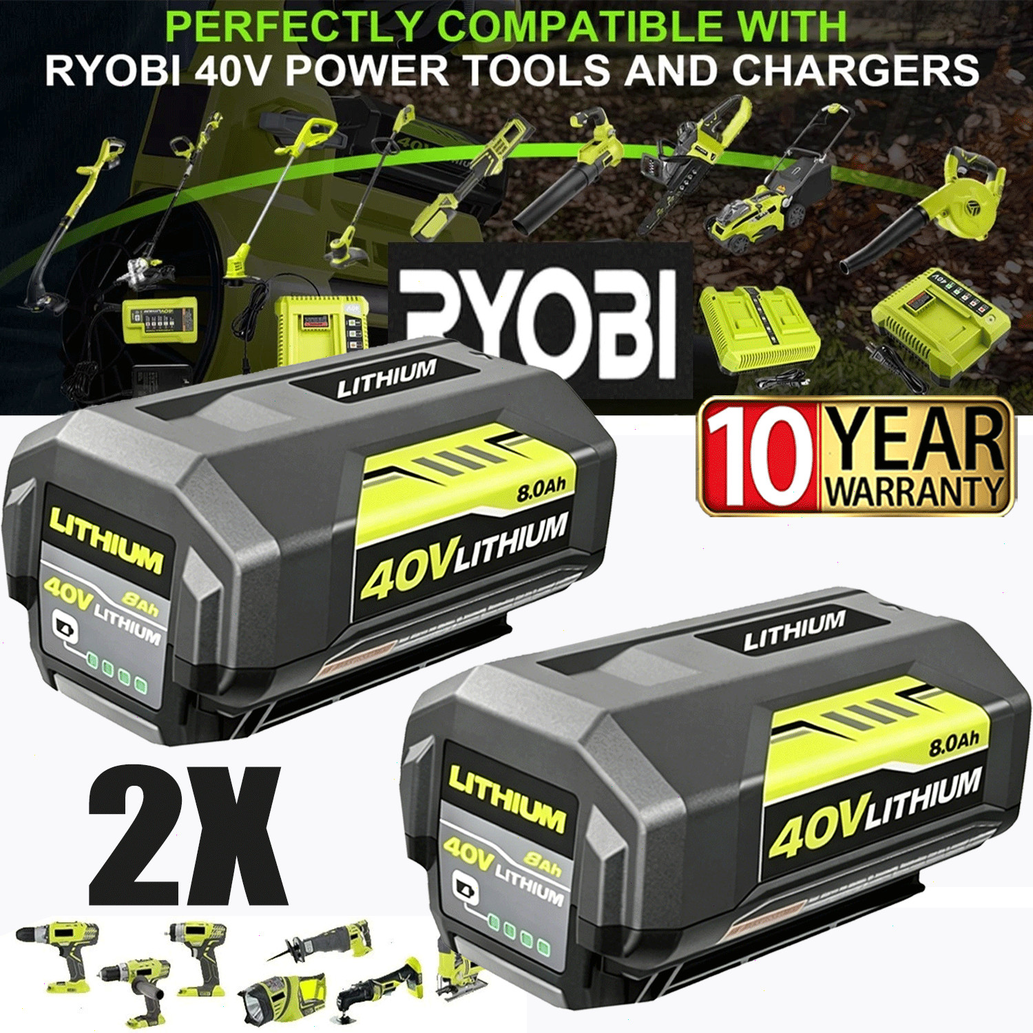 2Pack 8.0Ah Replacement for Ryobi 40V Lithium OP40602 Battery With LED / Charger