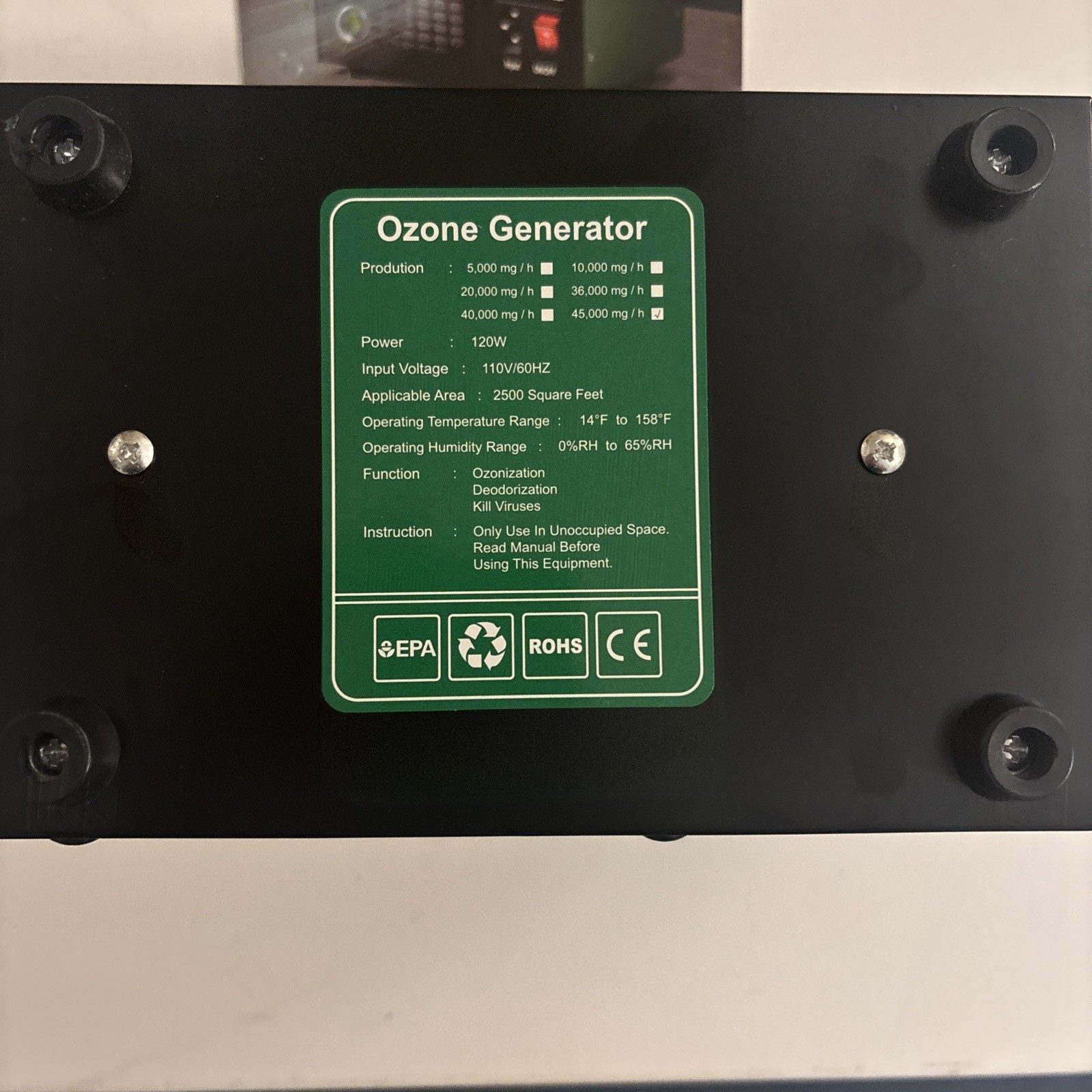 Ozone Generator Machine 120min Timer | 45,000mg/h Deodorizer Air Purifier