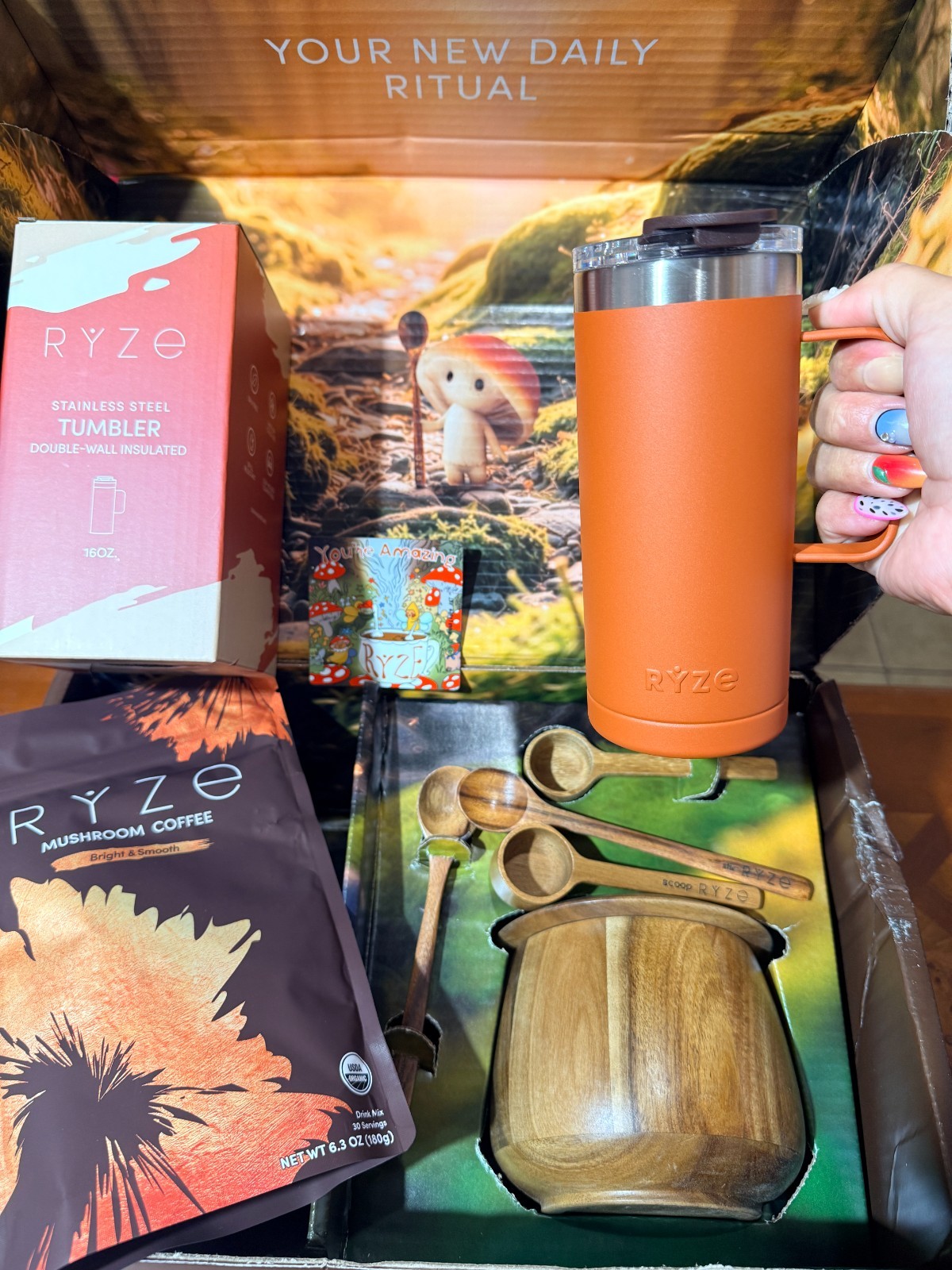 NEW Ryze Items. Regular Roast Mushroom Coffee, acacia jar, scoop, spoon, tumbler