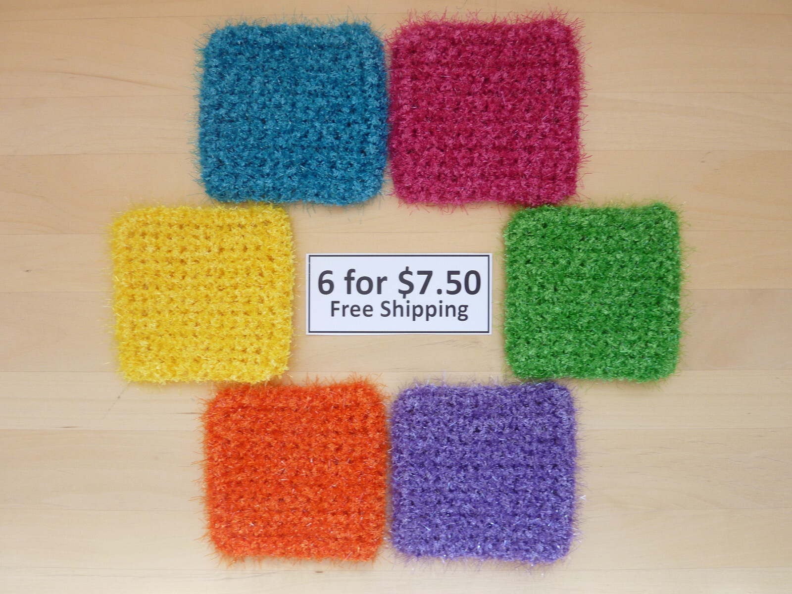 6 Rough Square Multicolor Dish Pot Scrubber Scrubby Scrubbie Handmade 69