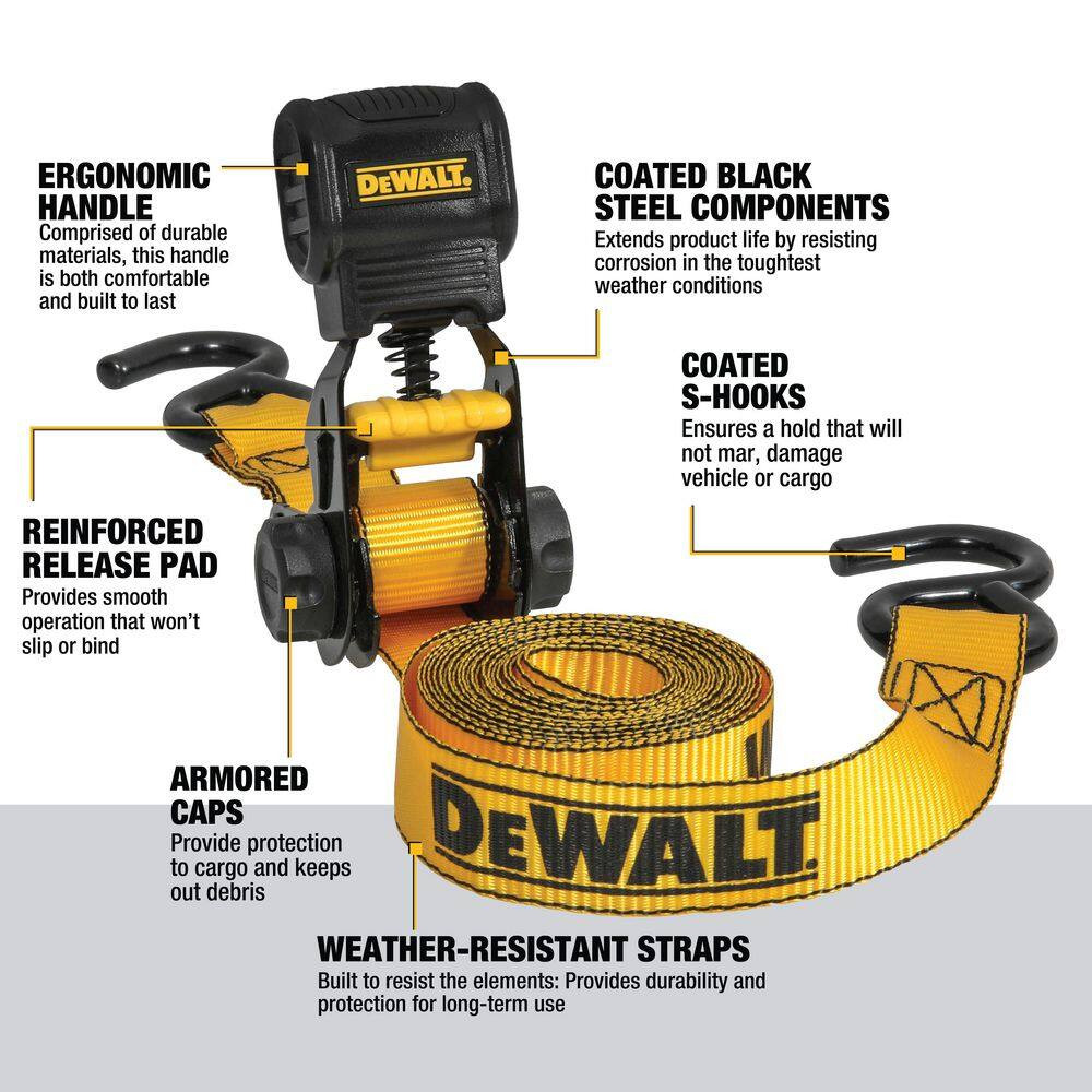 DEWALT Light-Duty Ratchet Straps Tie-Downs, 1 In. X 10 Ft. 1,500 Lbs. Break Stre