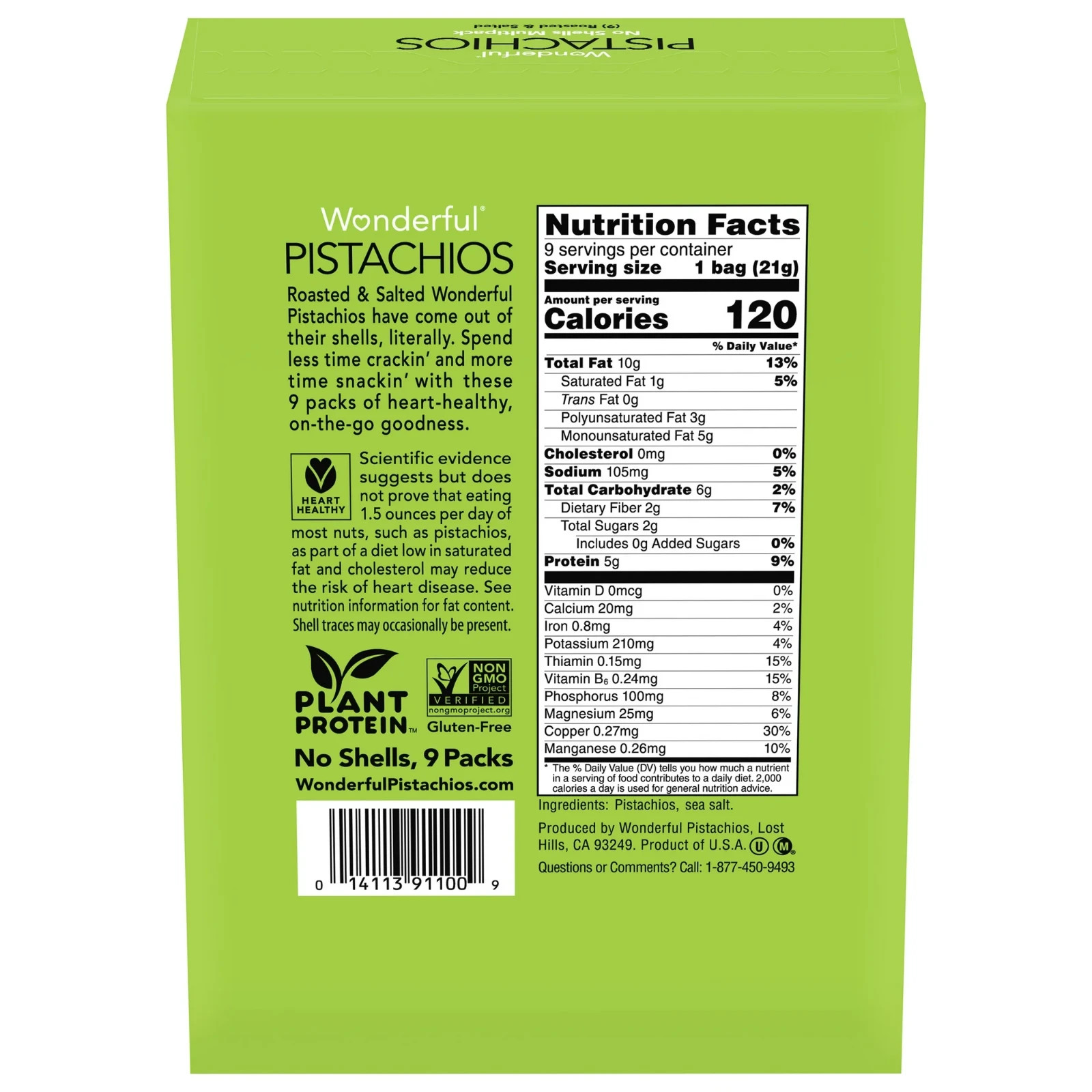 Wonderful Pistachios No Shells Roasted & Salted Nuts 0.75 Ounce 9 Bags, 2 Pack