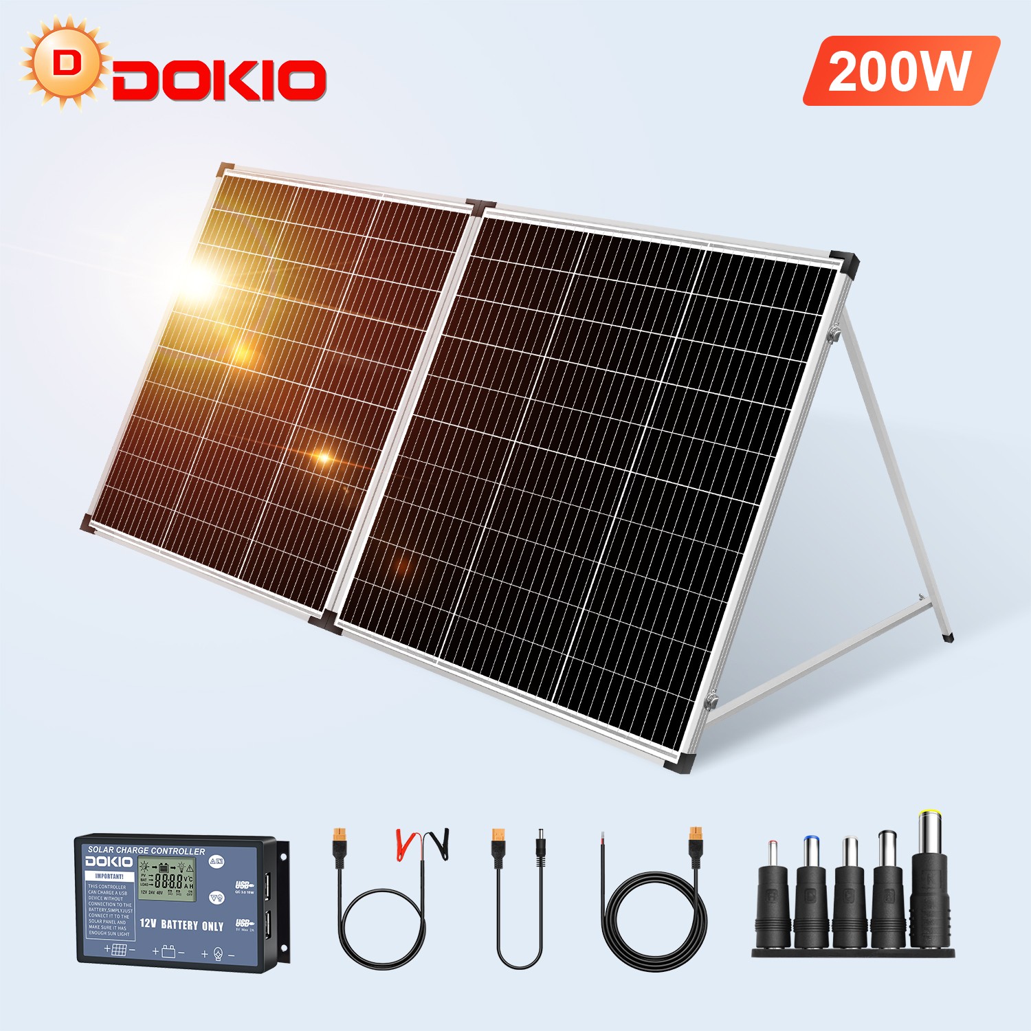 Dokio 200W Mono Folding Solar Panel, 12V for Boat, RV, Off-Grid and Garden Power